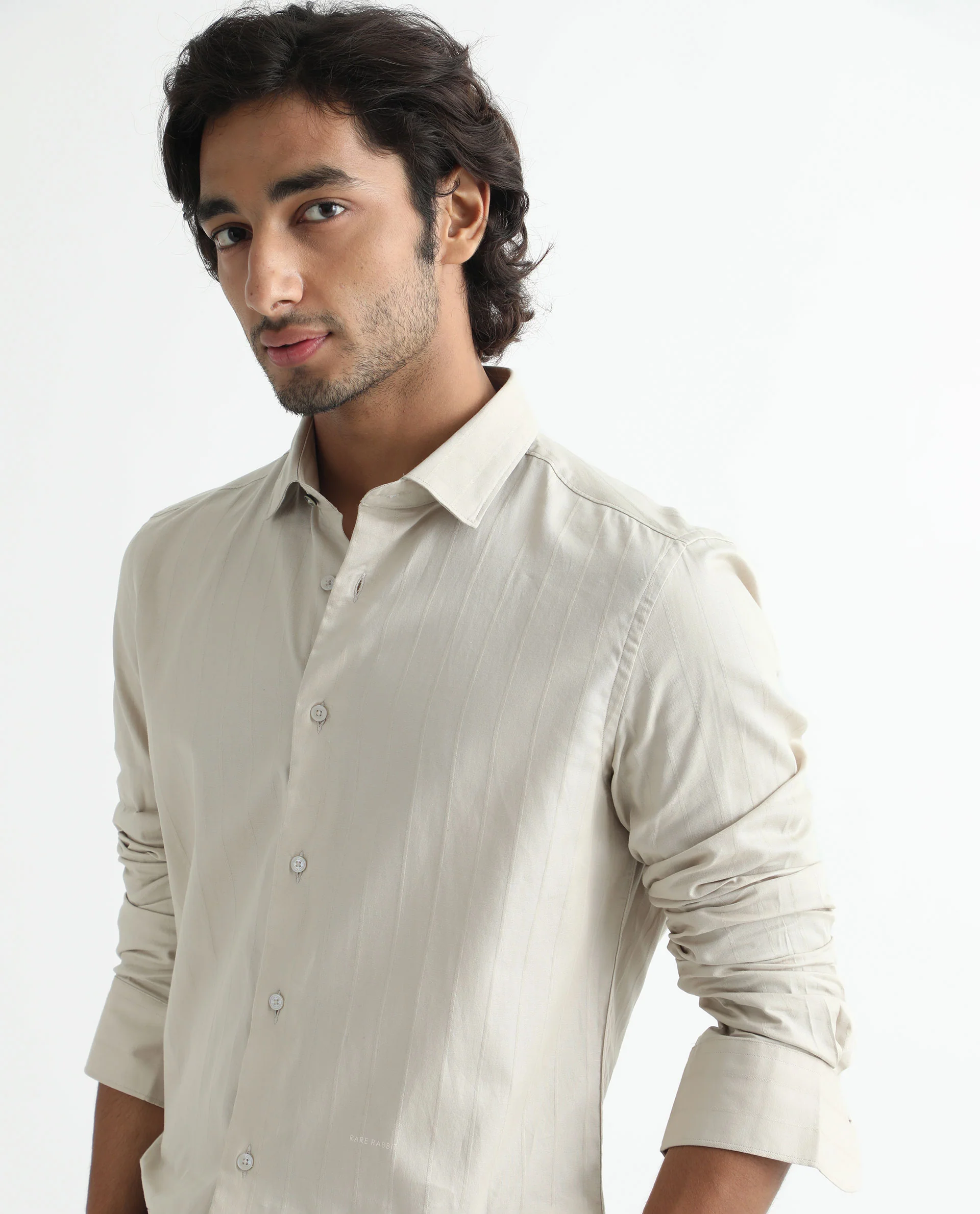 Rare Rabbit Men's Gazan Beige Cotton Striped Print Regular Fit Full Sleeve Collared Shirt - Image 3