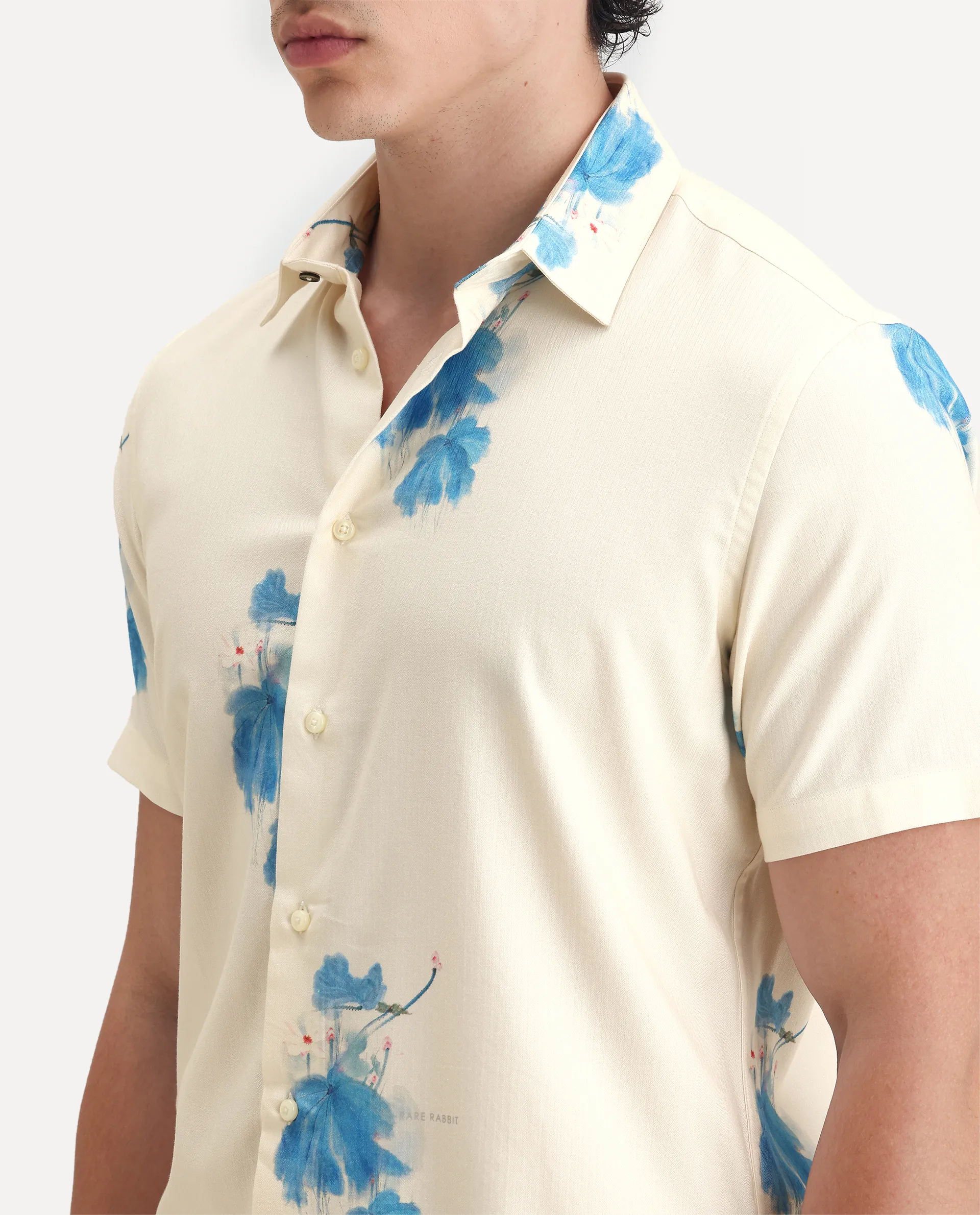 Rare Rabbit Men's Gazar Off White Viscose Blend Floral Print Regular Fit Half Sleeve Collared Shirt - Image 3