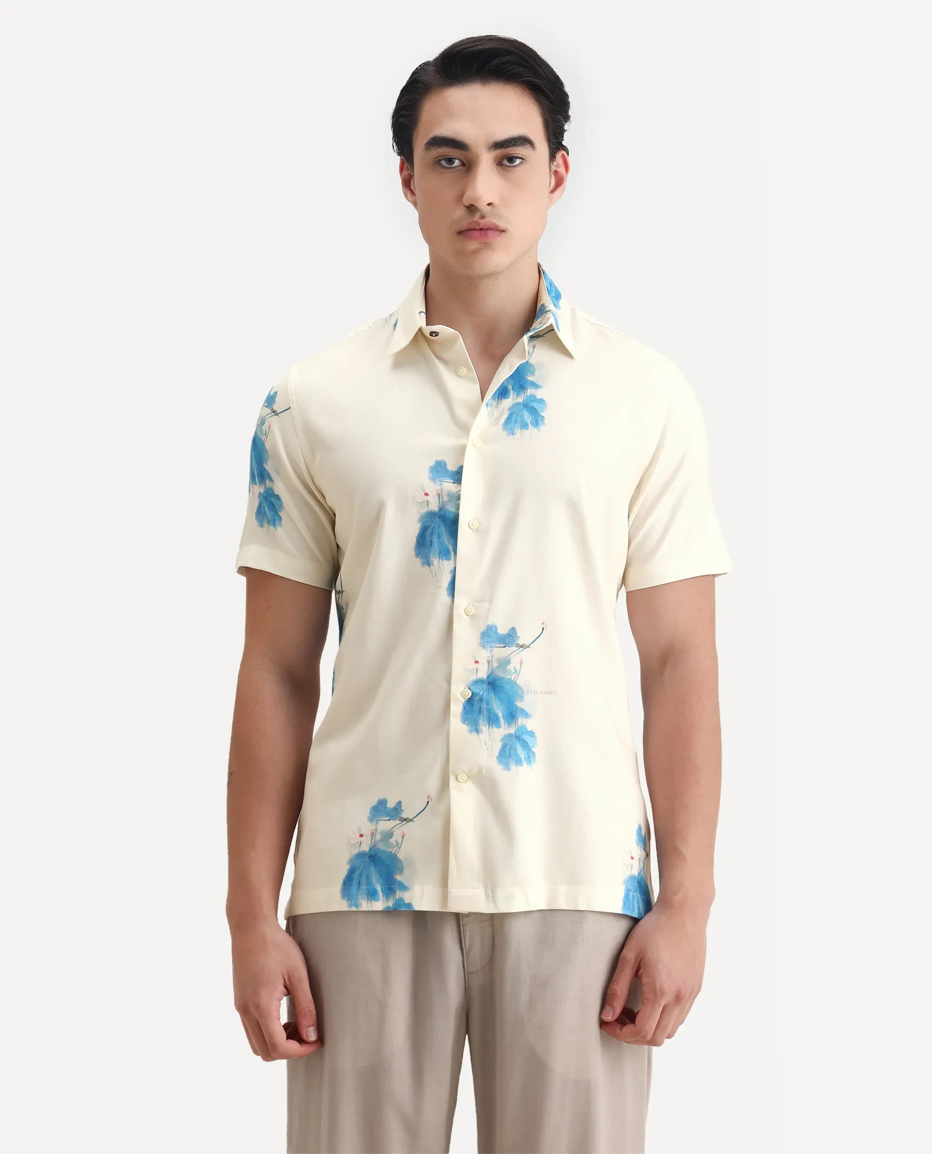 Rare Rabbit Men's Gazar Off White Viscose Blend Floral Print Regular Fit Half Sleeve Collared Shirt - Image 4