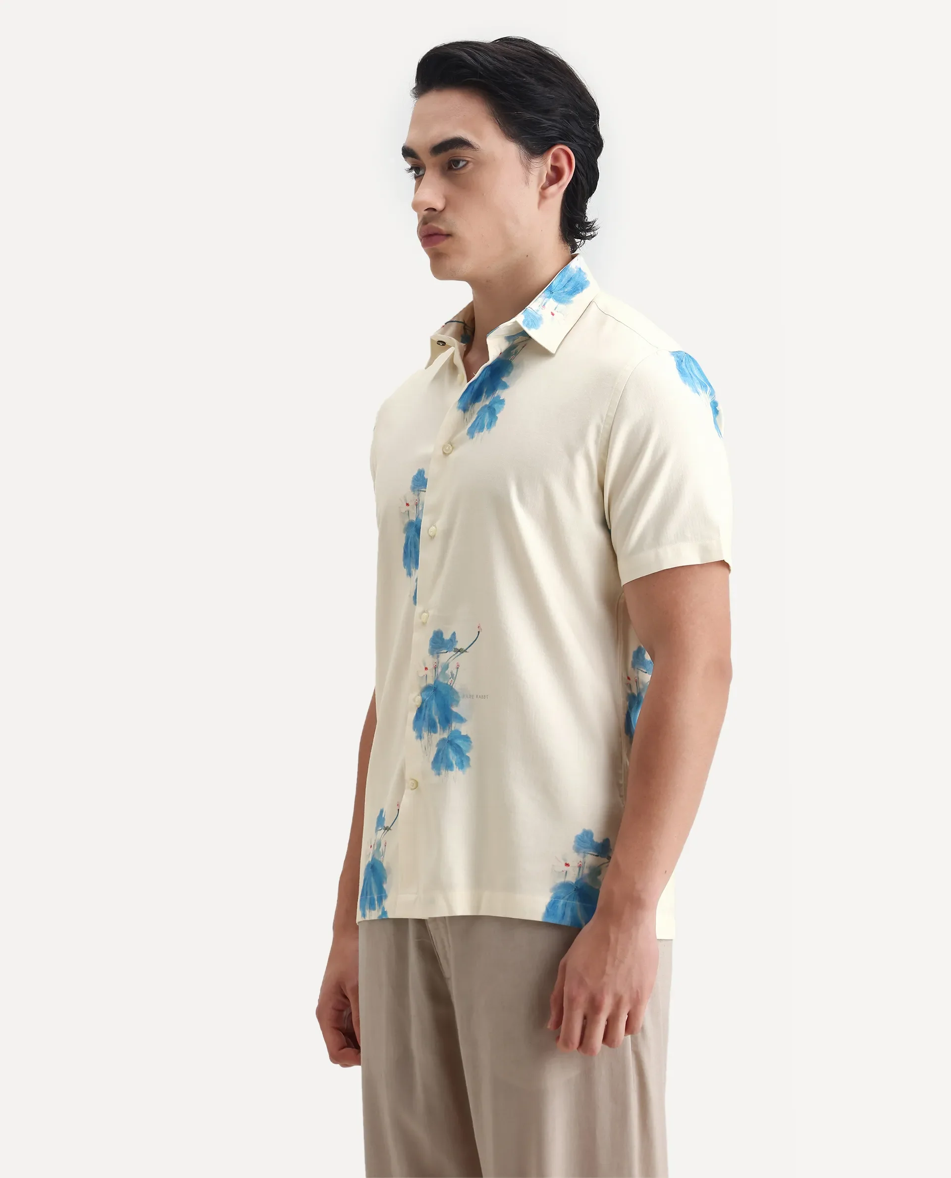 Rare Rabbit Men's Gazar Off White Viscose Blend Floral Print Regular Fit Half Sleeve Collared Shirt - Image 5
