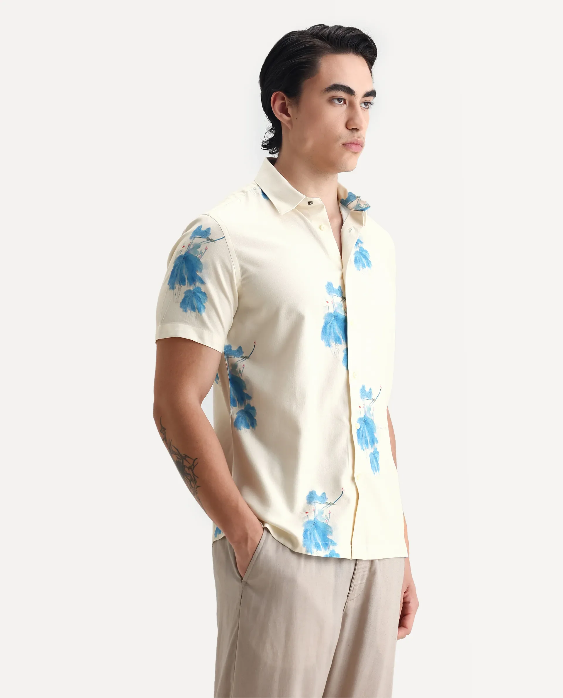 Rare Rabbit Men's Gazar Off White Viscose Blend Floral Print Regular Fit Half Sleeve Collared Shirt - Image 6