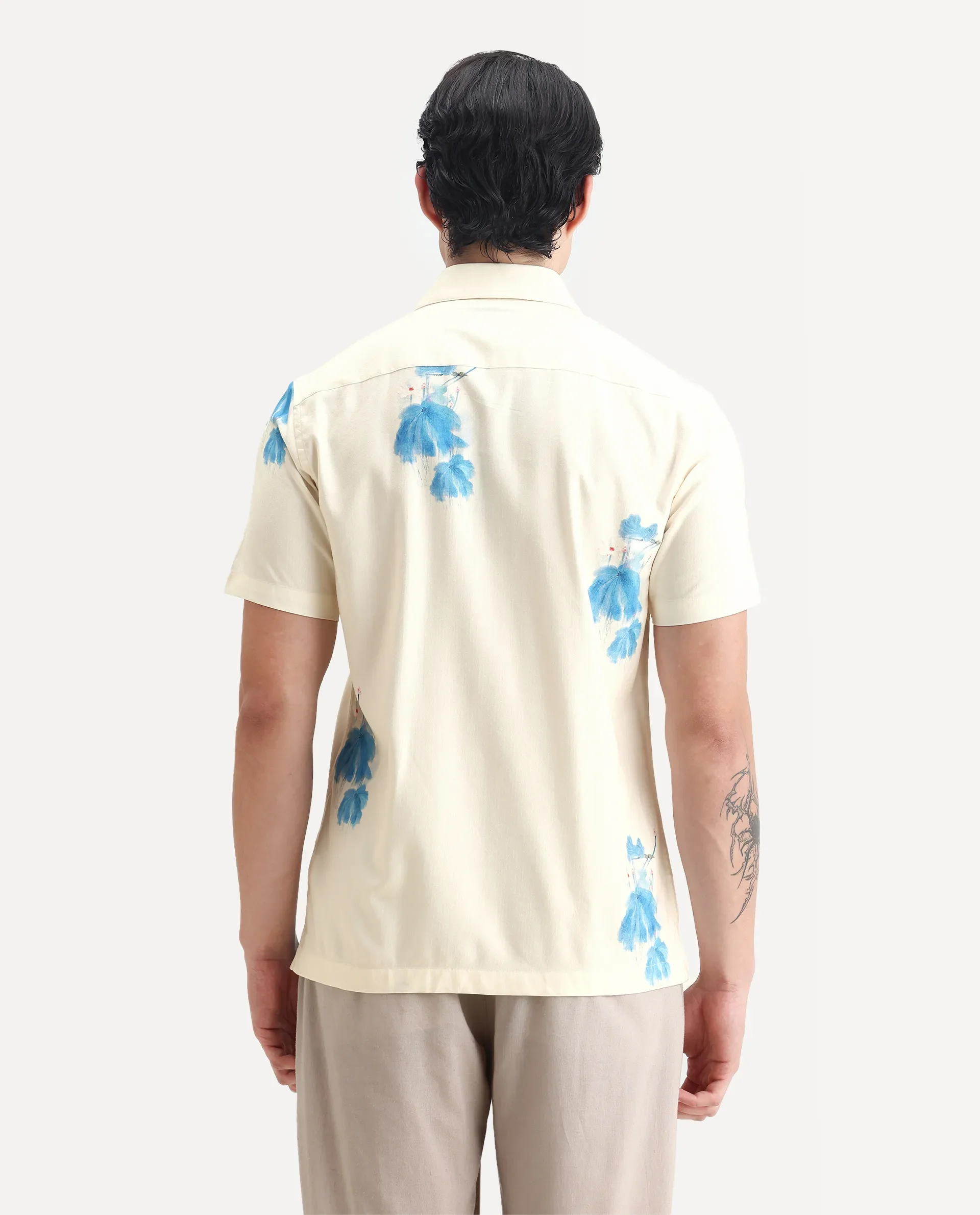 Rare Rabbit Men's Gazar Off White Viscose Blend Floral Print Regular Fit Half Sleeve Collared Shirt - Image 7