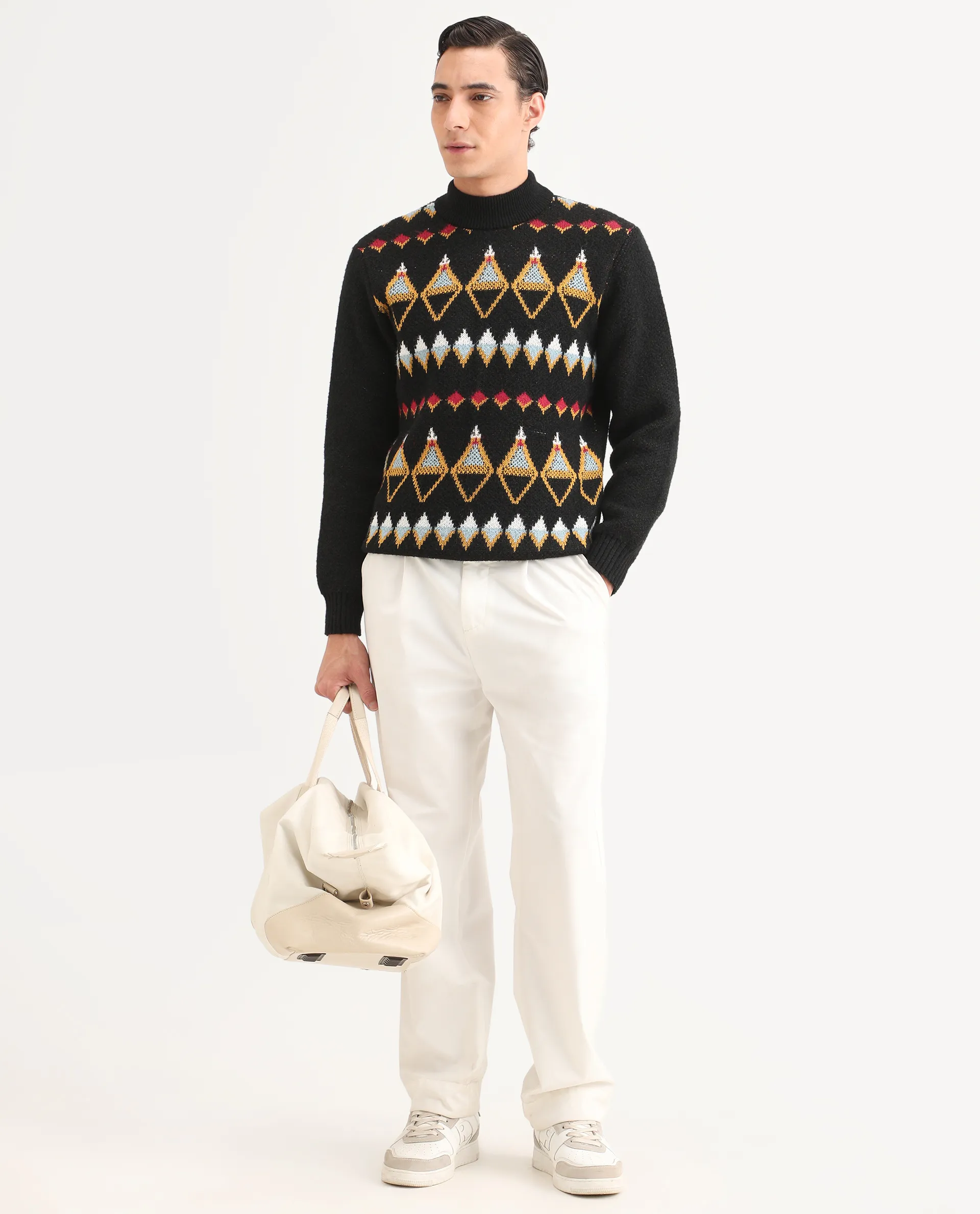 Rare Rabbit Men's Gaze Black Polyester Geometric Print Regular Fit Full Sleeve Crew Neck Sweater - Image 2