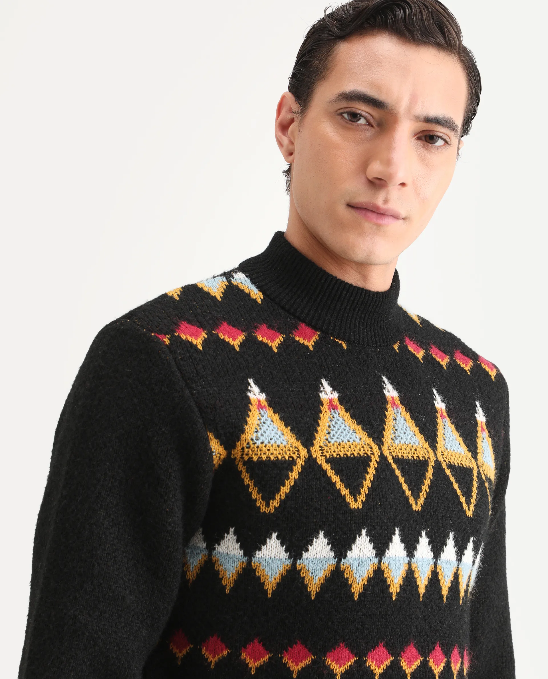 Rare Rabbit Men's Gaze Black Polyester Geometric Print Regular Fit Full Sleeve Crew Neck Sweater - Image 3
