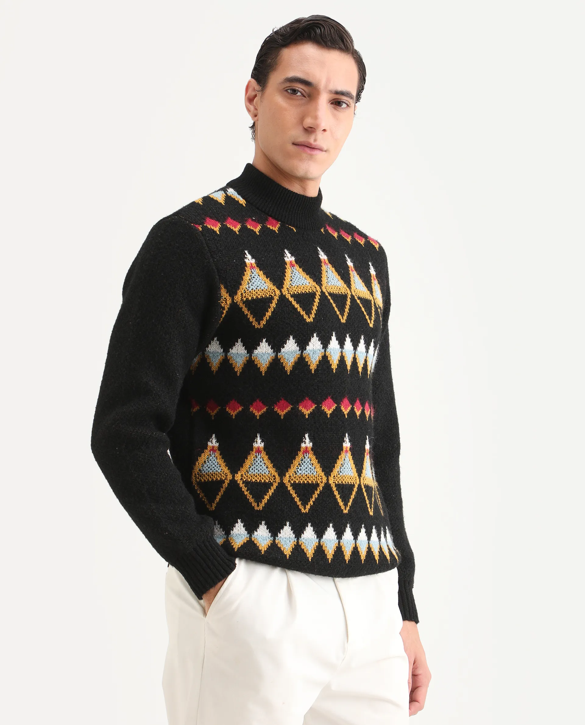 Rare Rabbit Men's Gaze Black Polyester Geometric Print Regular Fit Full Sleeve Crew Neck Sweater - Image 4