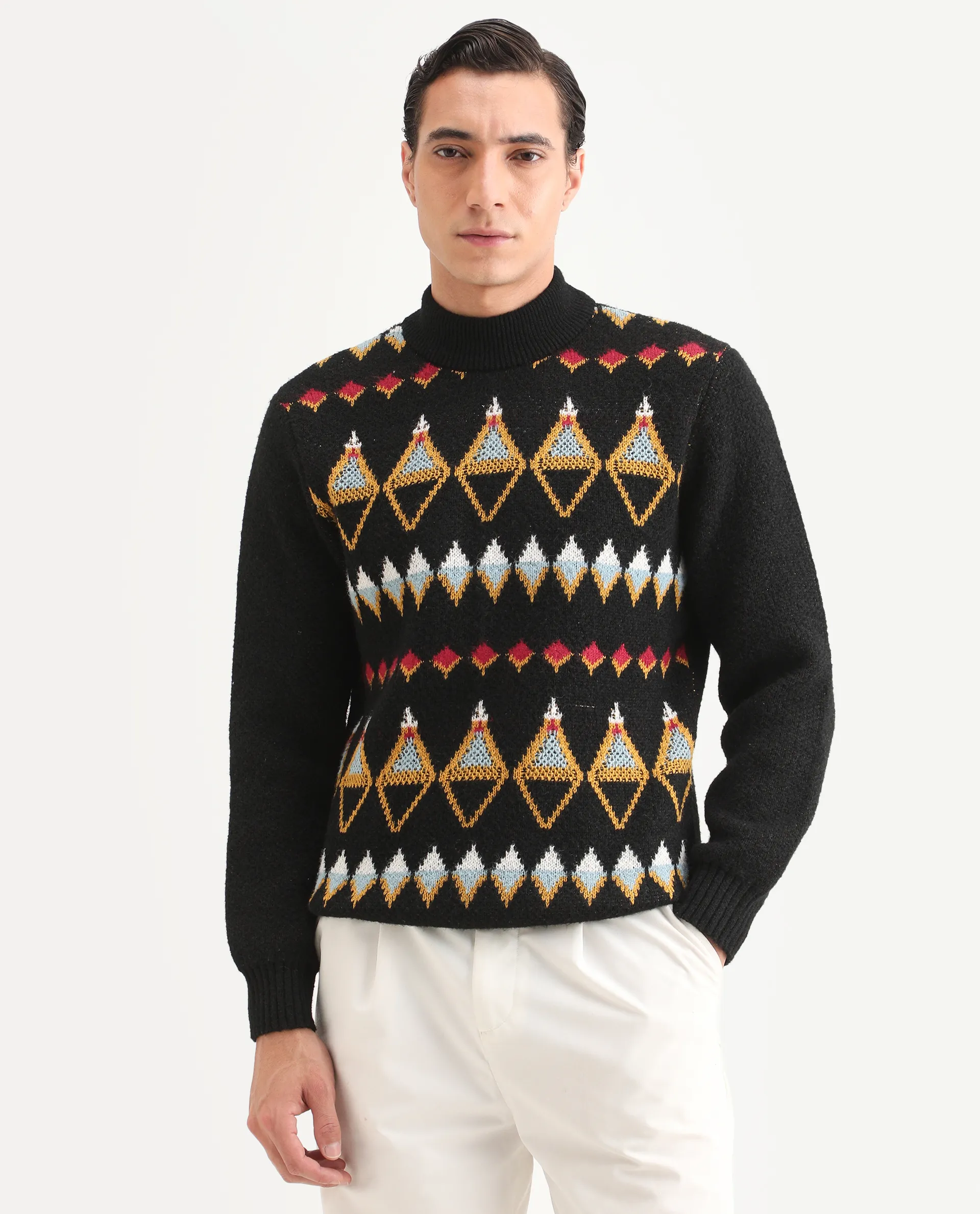 Rare Rabbit Men's Gaze Black Polyester Geometric Print Regular Fit Full Sleeve Crew Neck Sweater - Image 5