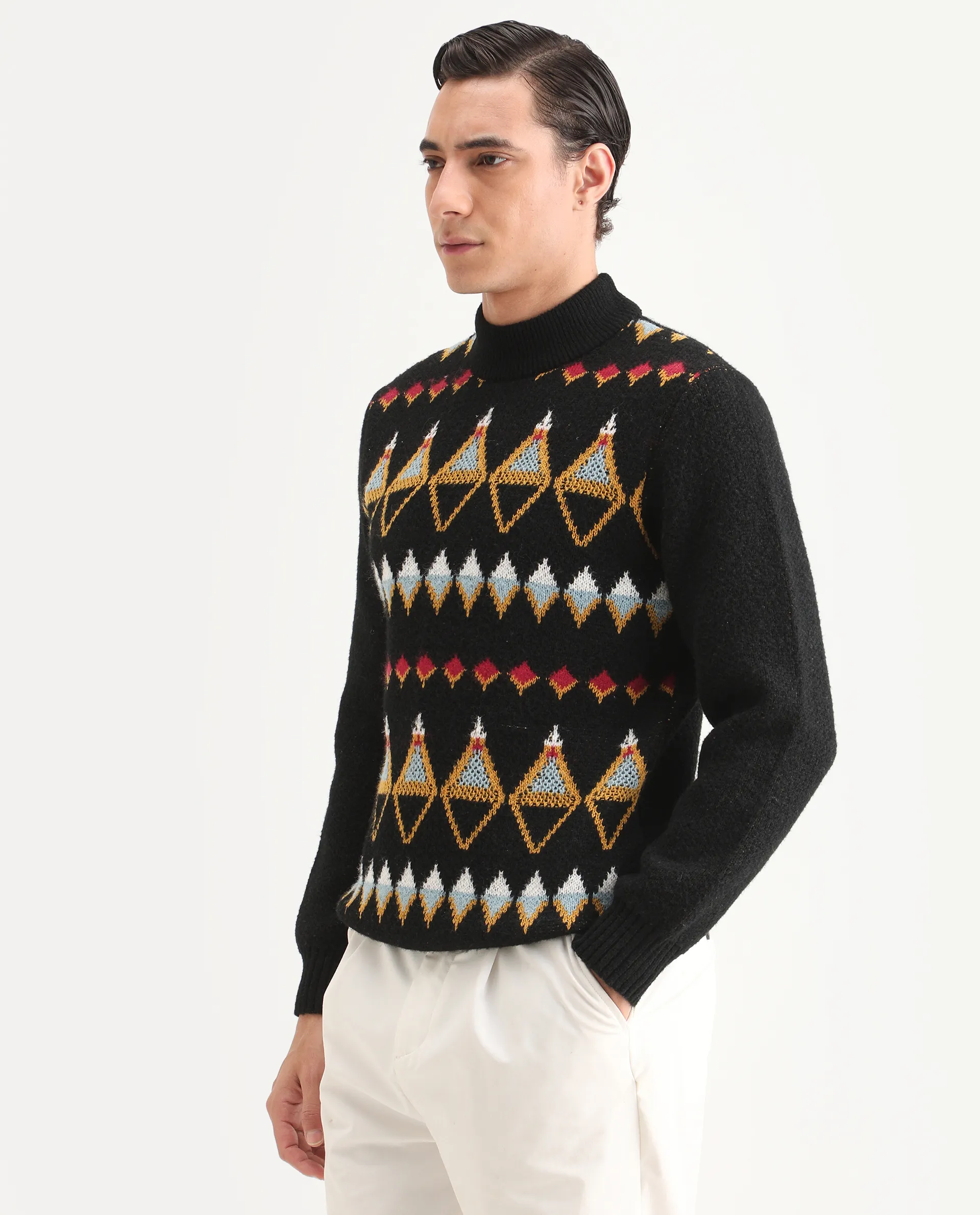 Rare Rabbit Men's Gaze Black Polyester Geometric Print Regular Fit Full Sleeve Crew Neck Sweater - Image 6