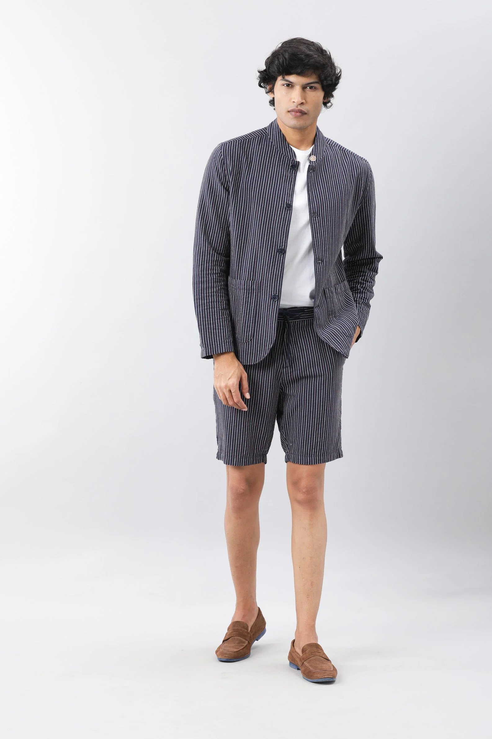 Rare Rabbit Men's Gazel Navy Viscose Striped Print Tailored Fit Full Sleeve Mandarin Collar Blazer - Image 2