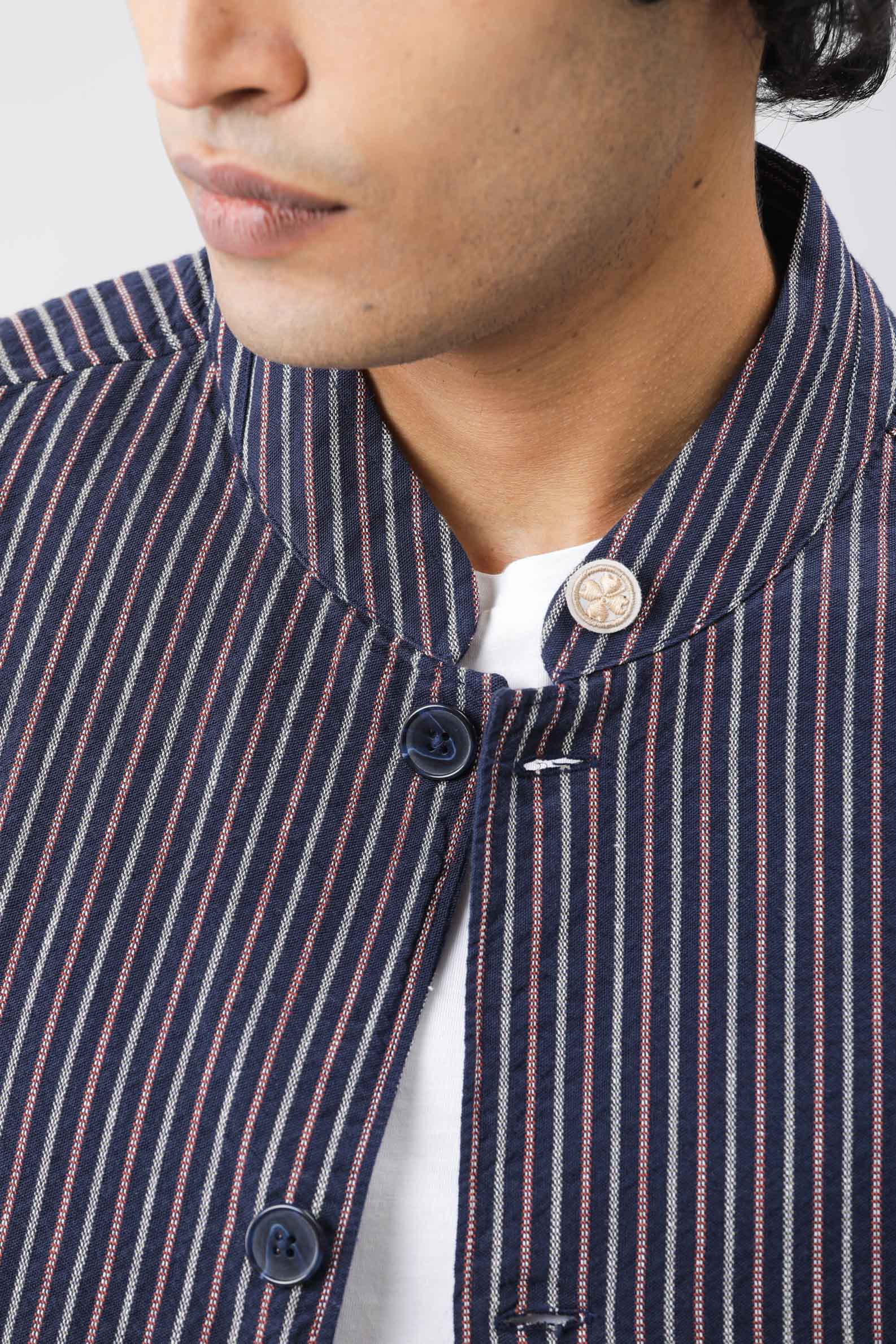 Rare Rabbit Men's Gazel Navy Viscose Striped Print Tailored Fit Full Sleeve Mandarin Collar Blazer - Image 3