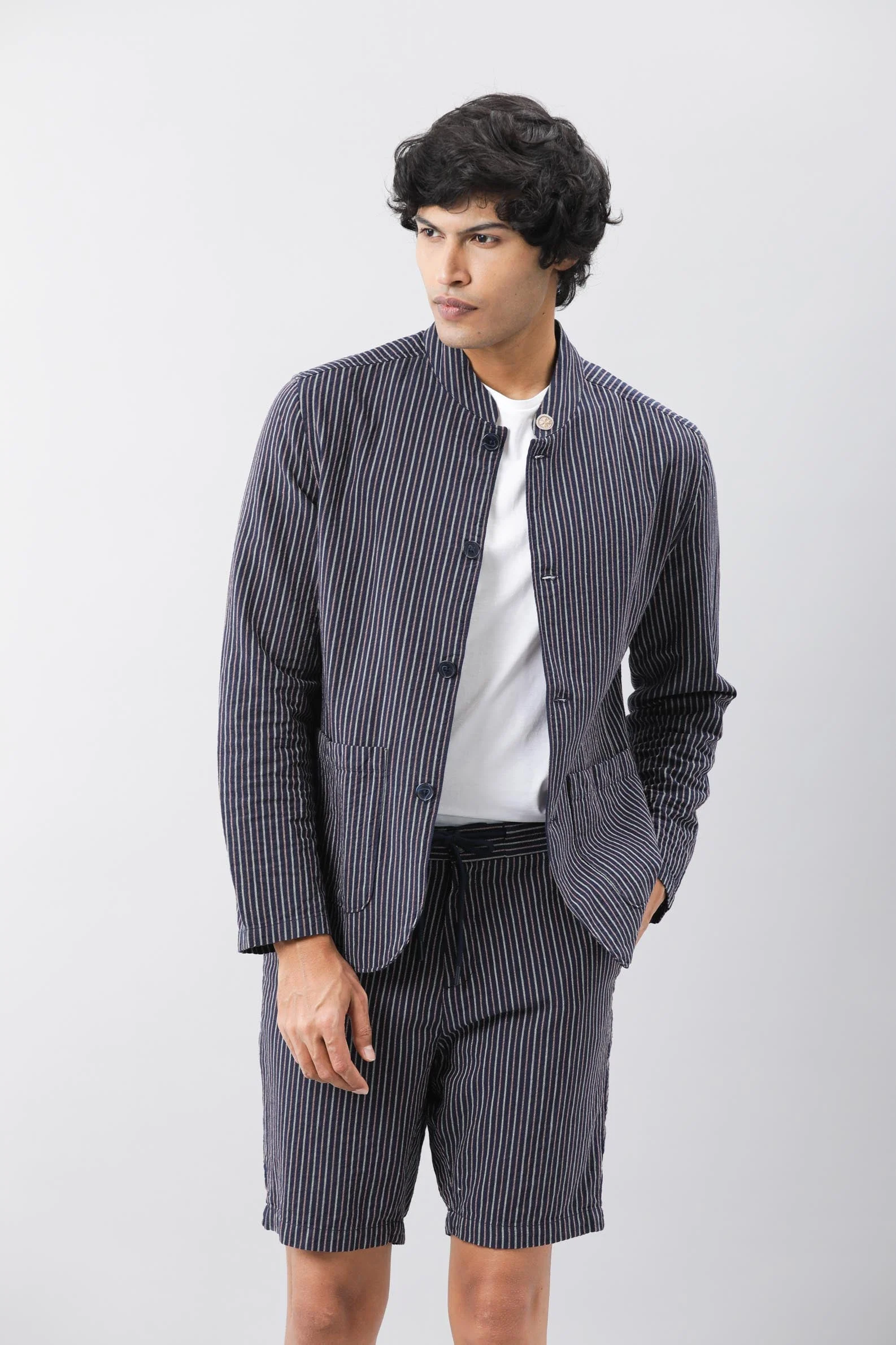 Rare Rabbit Men's Gazel Navy Viscose Striped Print Tailored Fit Full Sleeve Mandarin Collar Blazer - Image 4