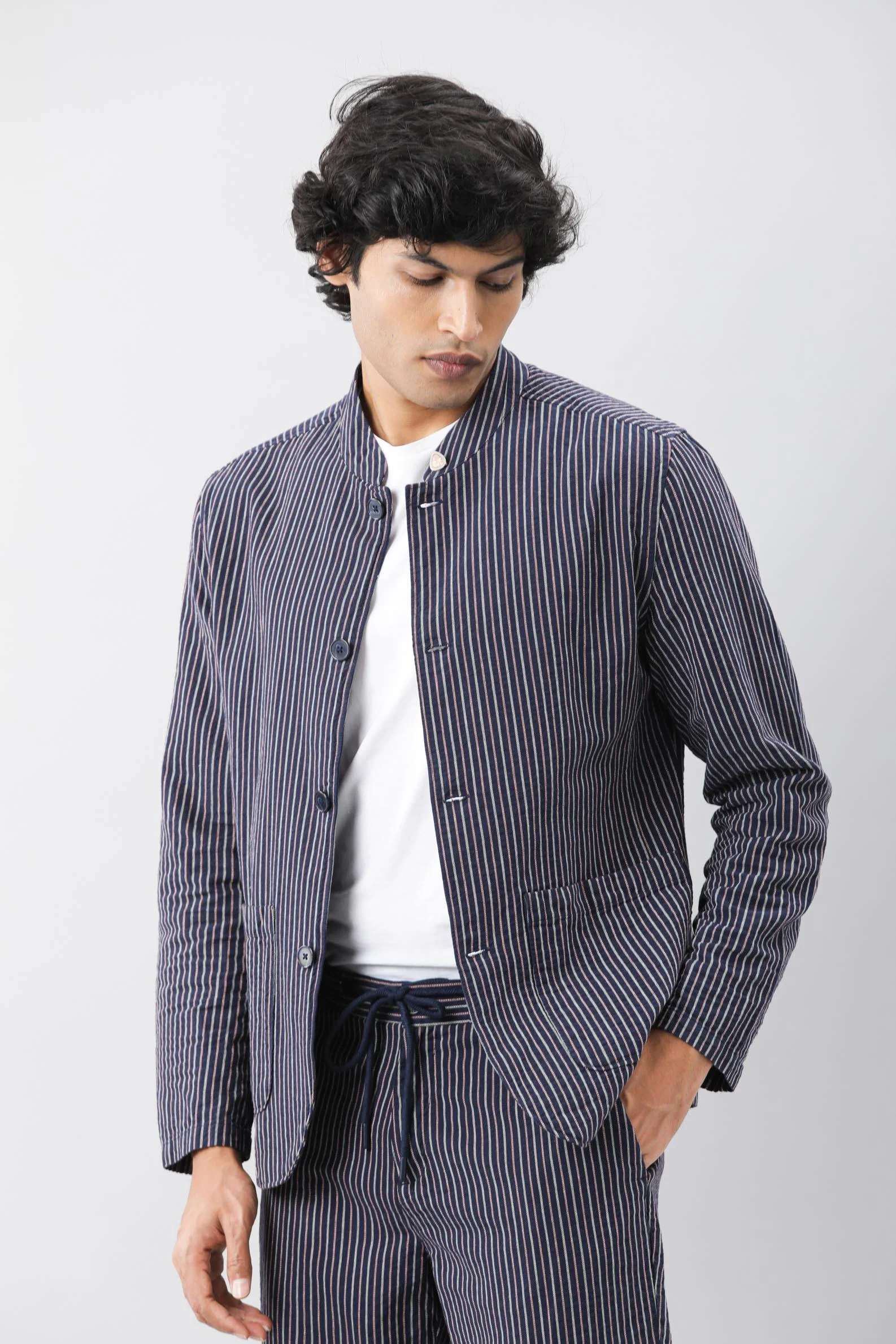 Rare Rabbit Men's Gazel Navy Viscose Striped Print Tailored Fit Full Sleeve Mandarin Collar Blazer - Image 5