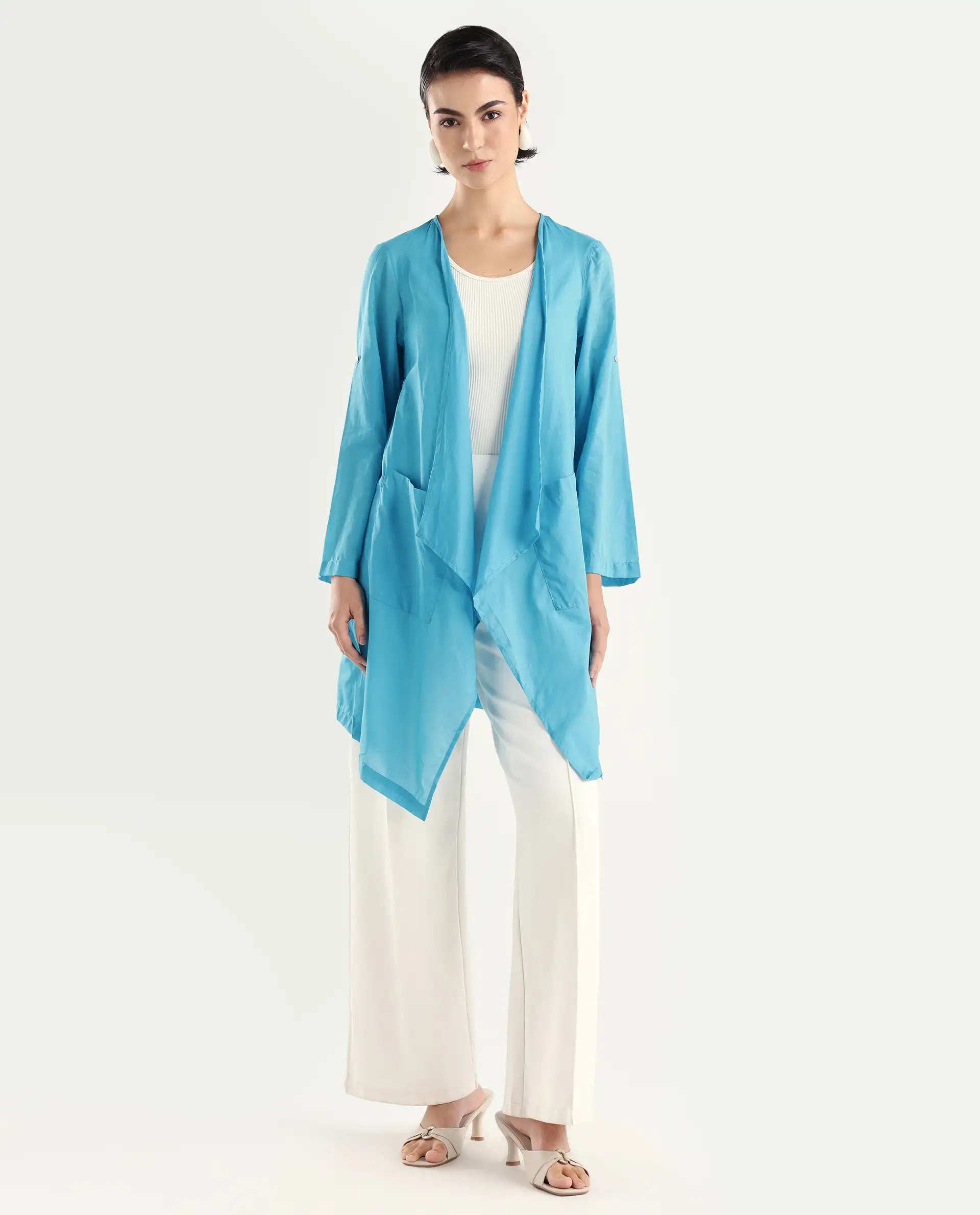 Rareism Women's Gazer Blue Cotton Collarless Regular Fit Outer Wear - Image 2