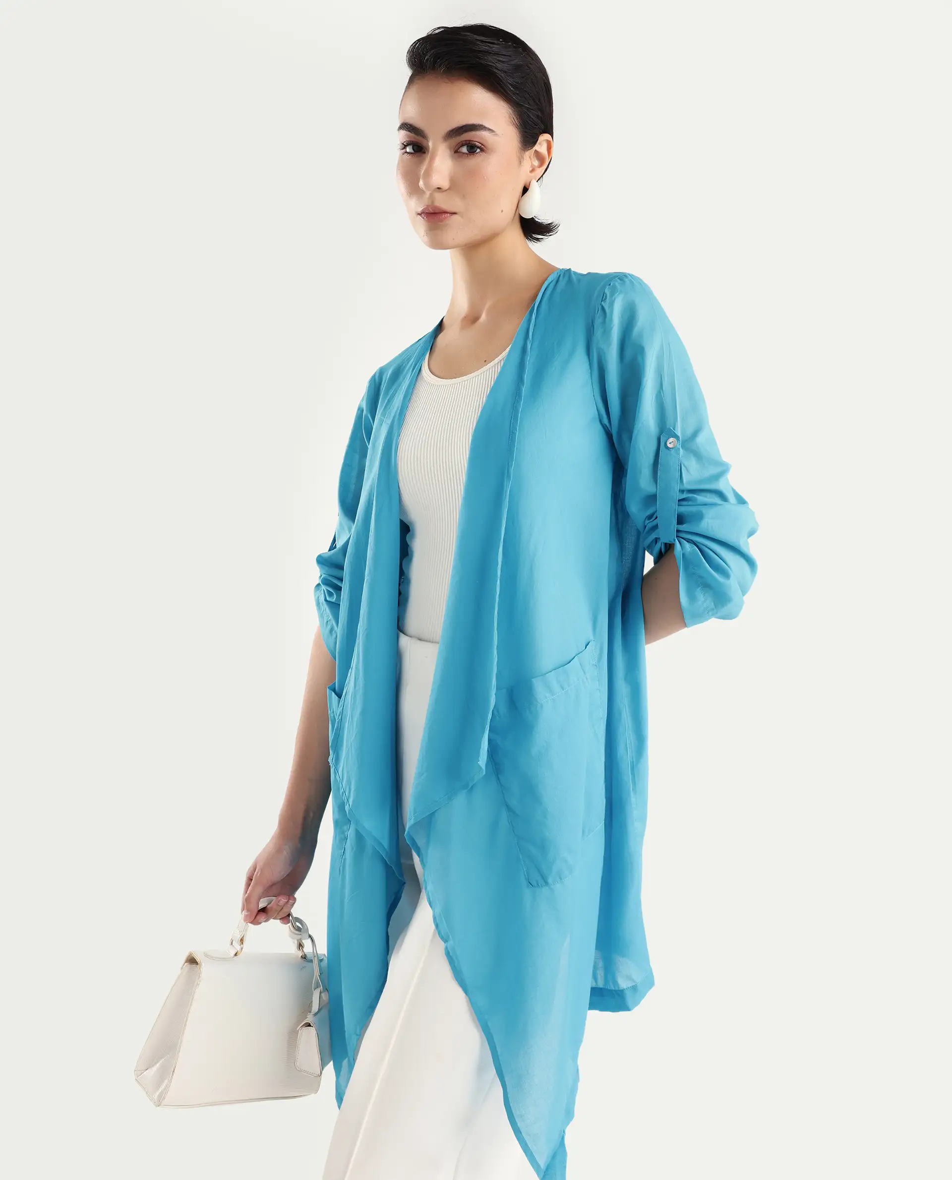 Rareism Women's Gazer Blue Cotton Collarless Regular Fit Outer Wear - Image 3