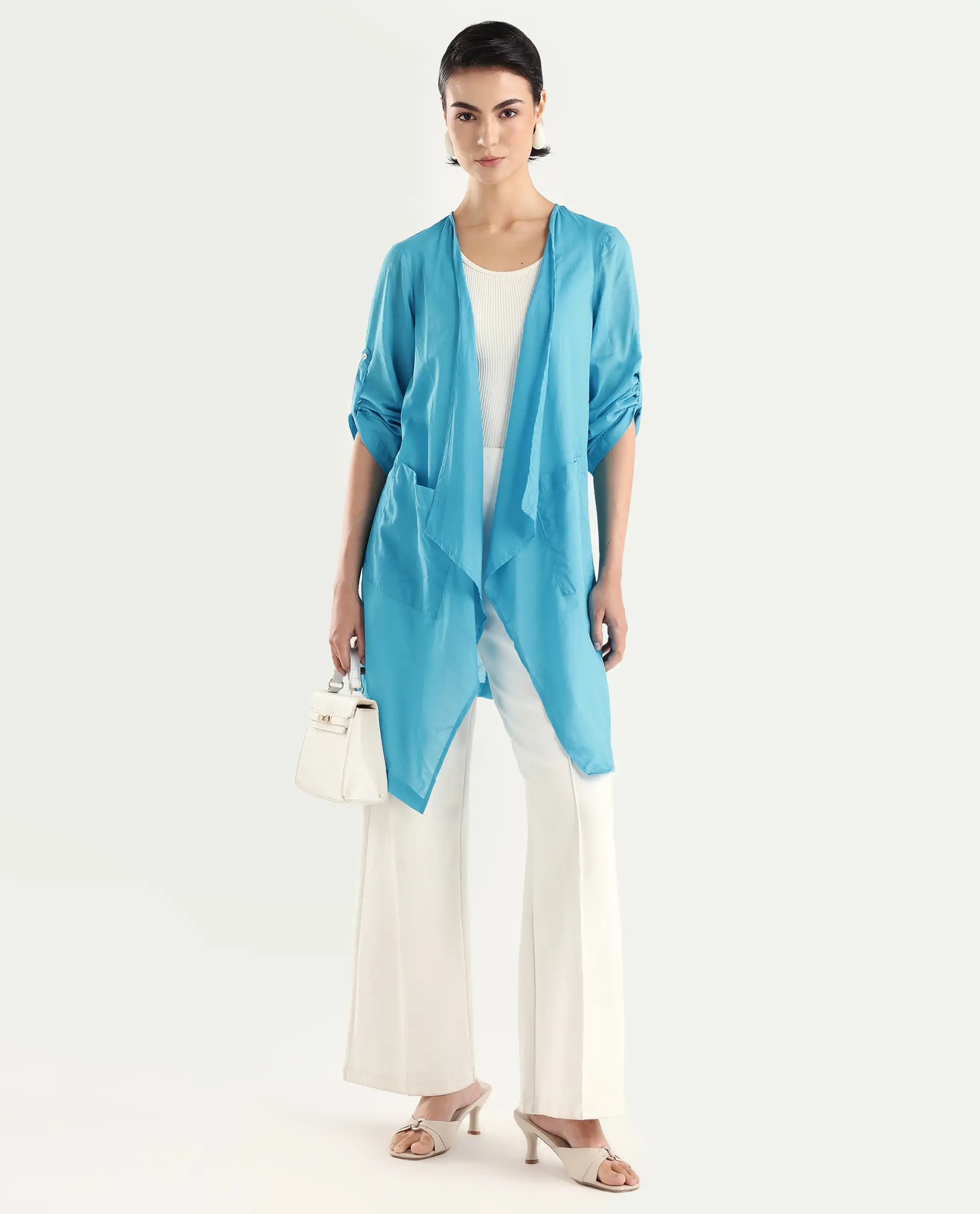 Rareism Women's Gazer Blue Cotton Collarless Regular Fit Outer Wear - Image 4