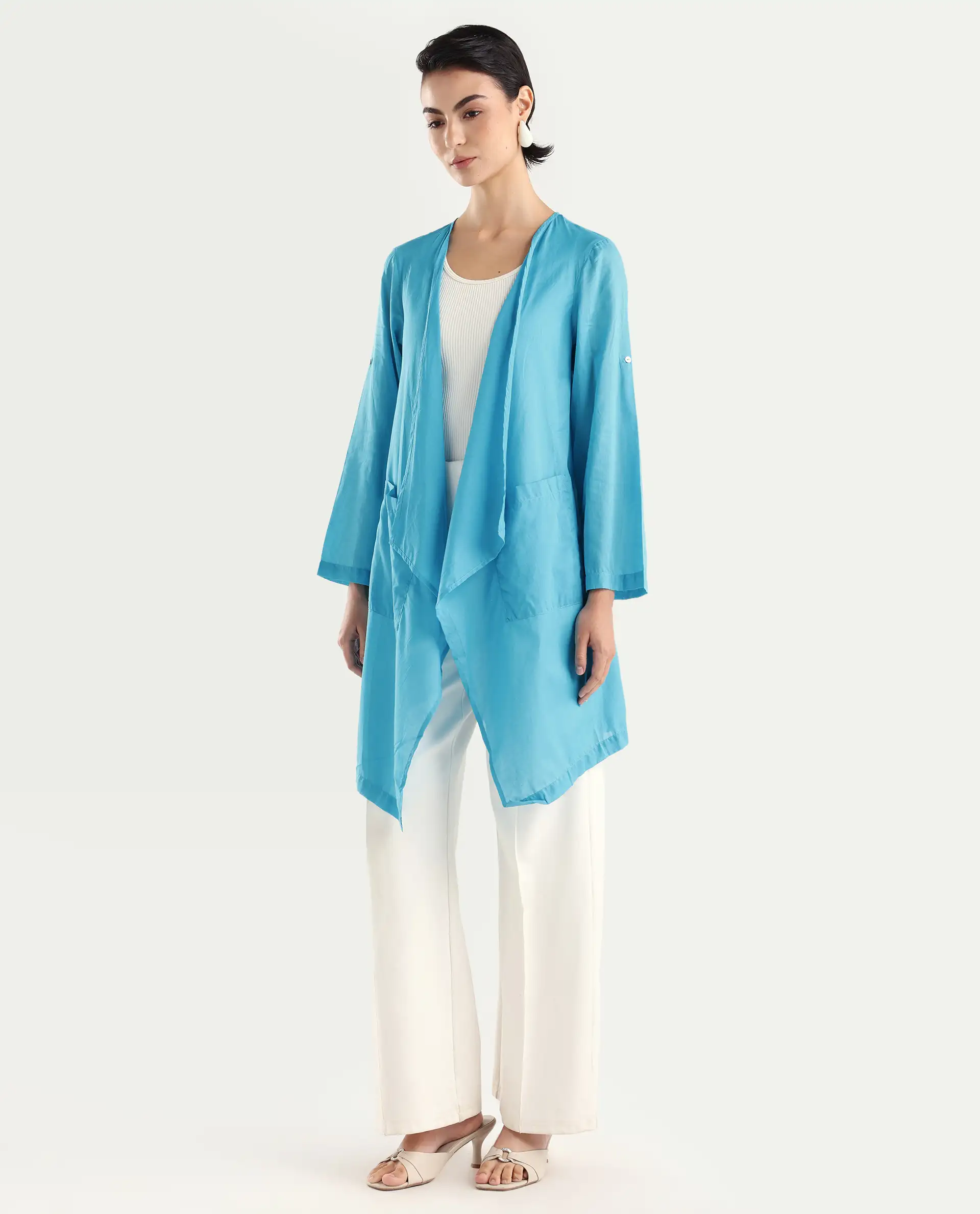 Rareism Women's Gazer Blue Cotton Collarless Regular Fit Outer Wear - Image 5