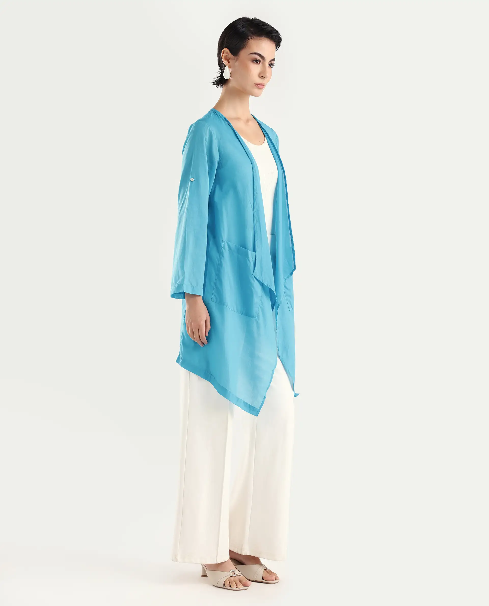 Rareism Women's Gazer Blue Cotton Collarless Regular Fit Outer Wear - Image 6