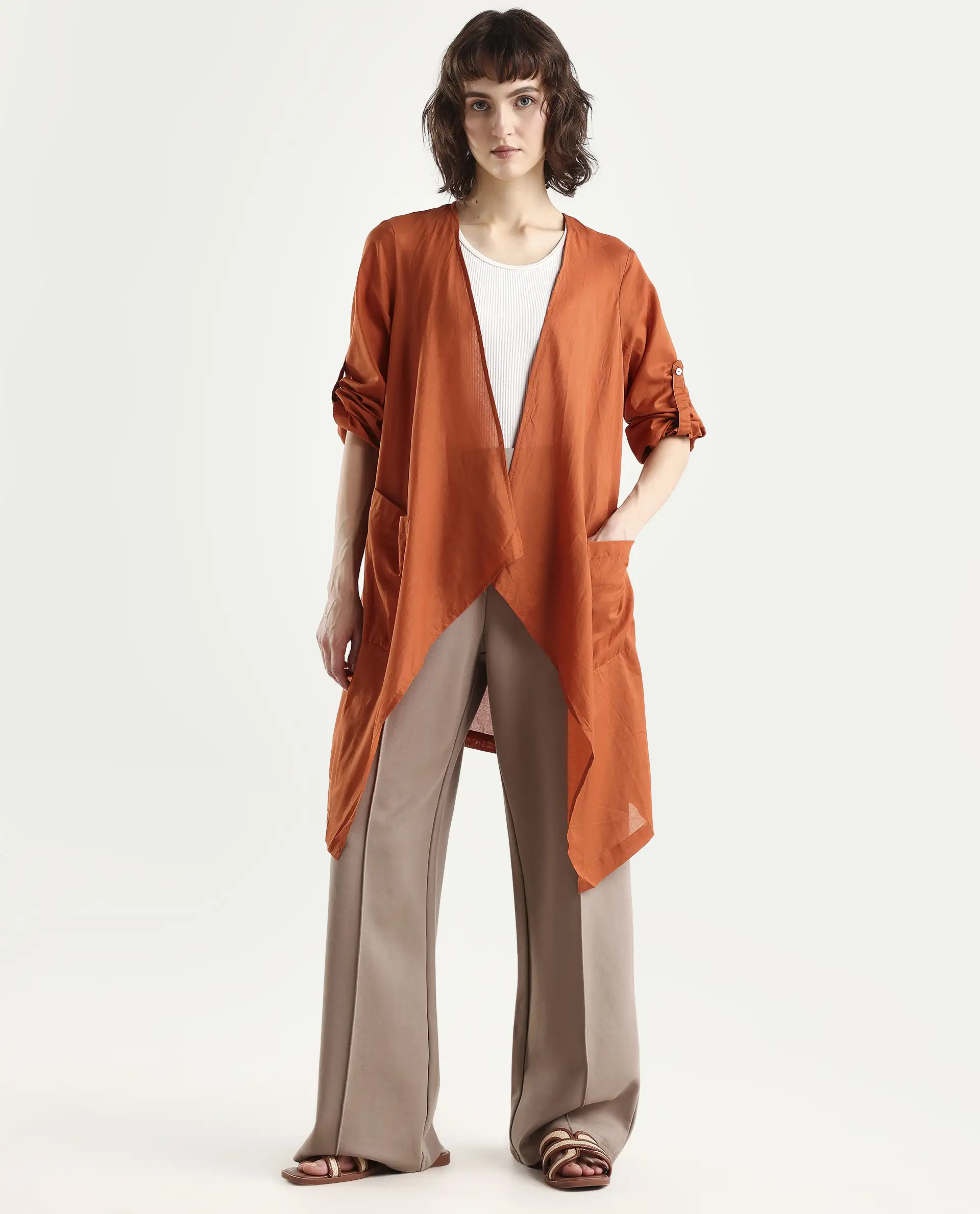 Rareism Women's Gazer Brown Cotton Collarless Regular Fit Outer Wear - Image 2