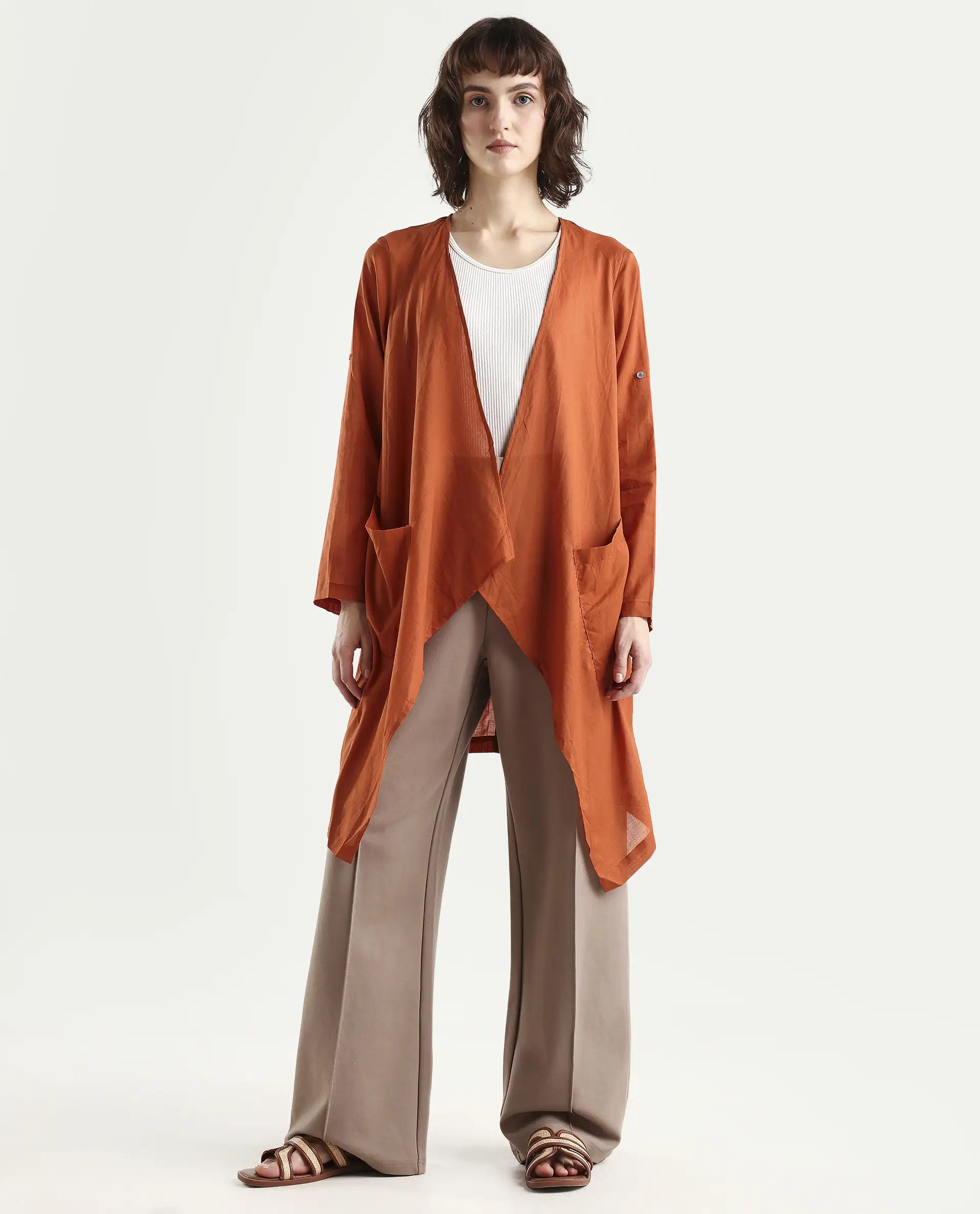 Rareism Women's Gazer Brown Cotton Collarless Regular Fit Outer Wear - Image 3