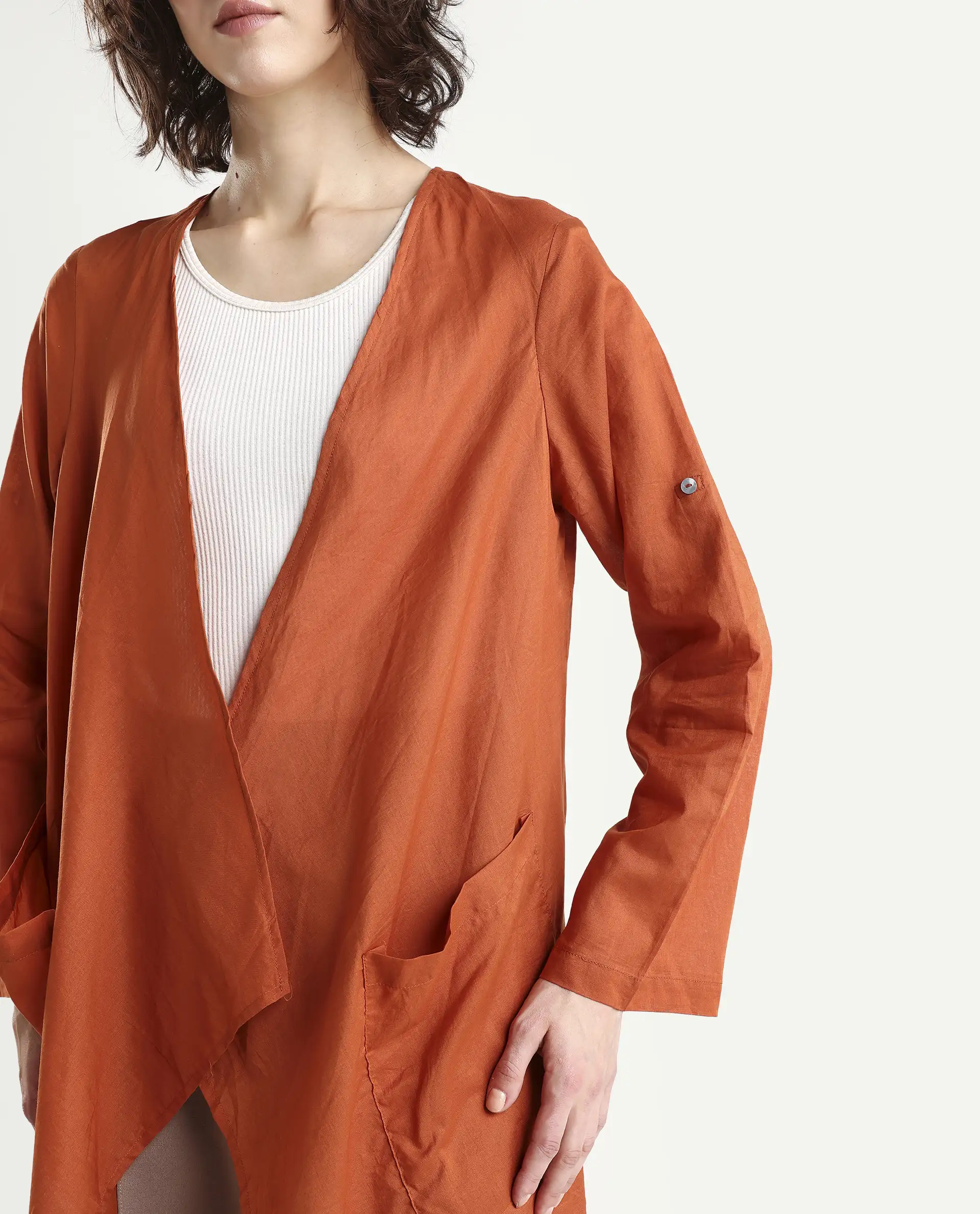 Rareism Women's Gazer Brown Cotton Collarless Regular Fit Outer Wear - Image 4