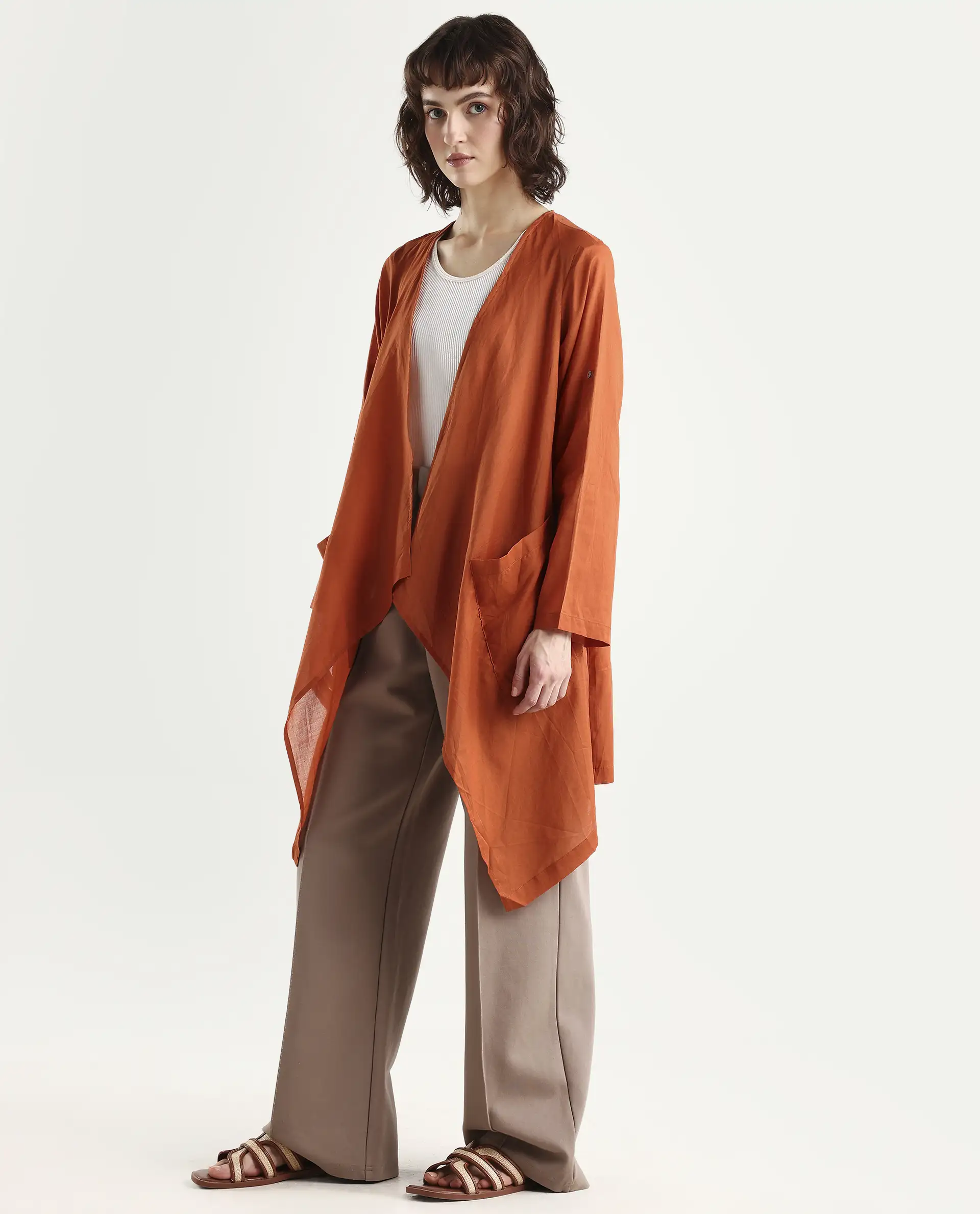 Rareism Women's Gazer Brown Cotton Collarless Regular Fit Outer Wear - Image 5
