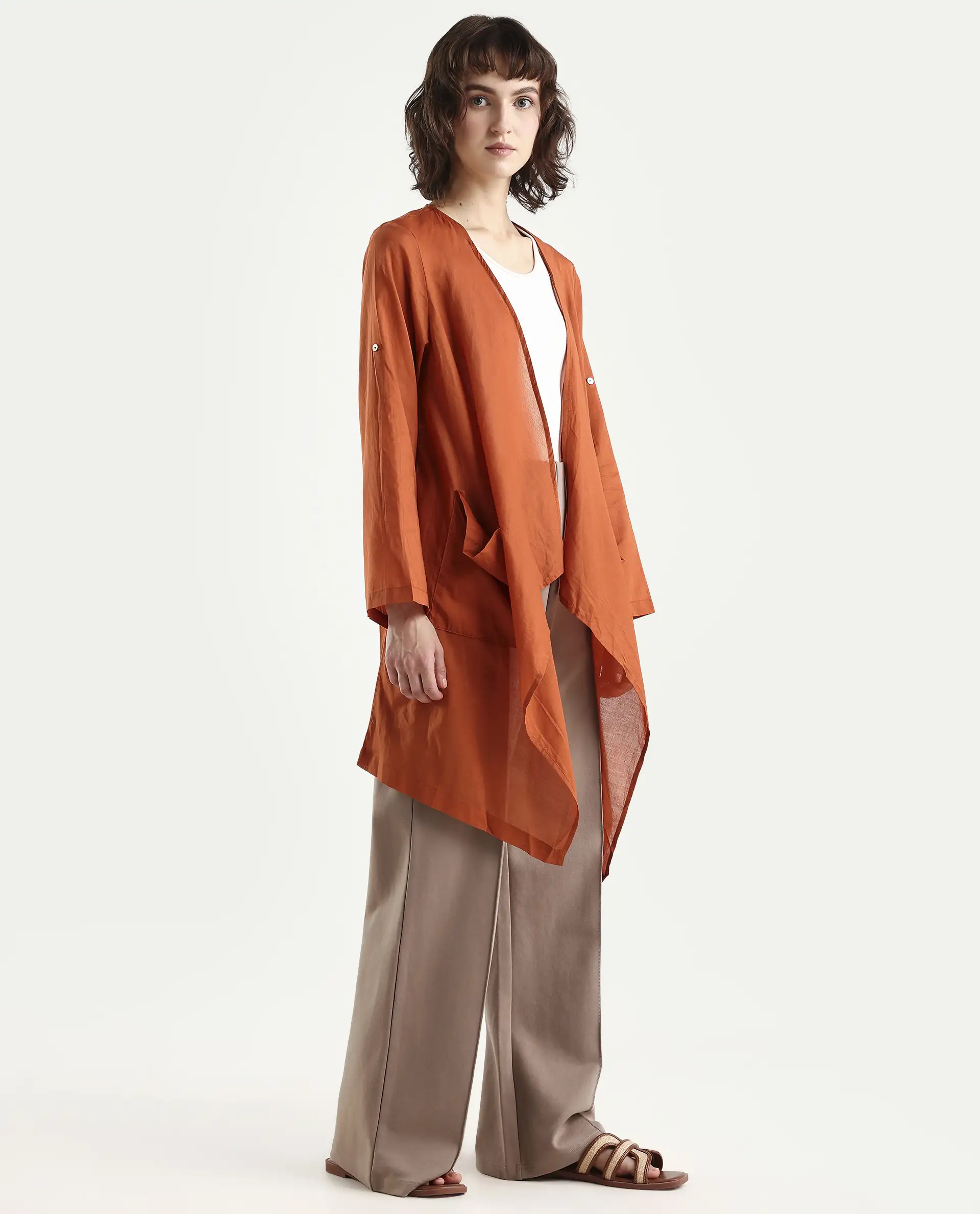 Rareism Women's Gazer Brown Cotton Collarless Regular Fit Outer Wear - Image 6