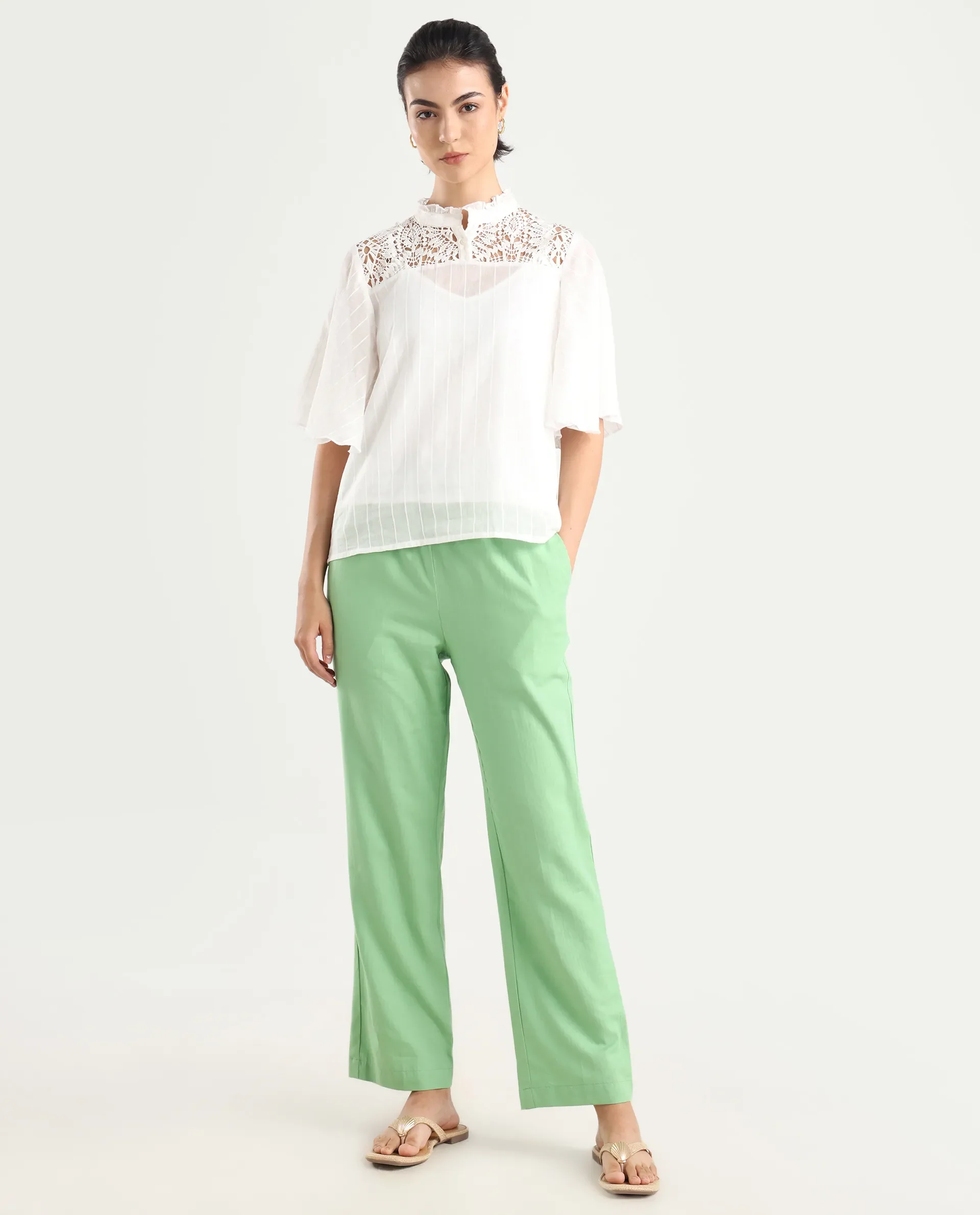 Rareism Women's Ged Green Cotton Abstract Print Ankle Length Straight Fit Trouser - Image 2