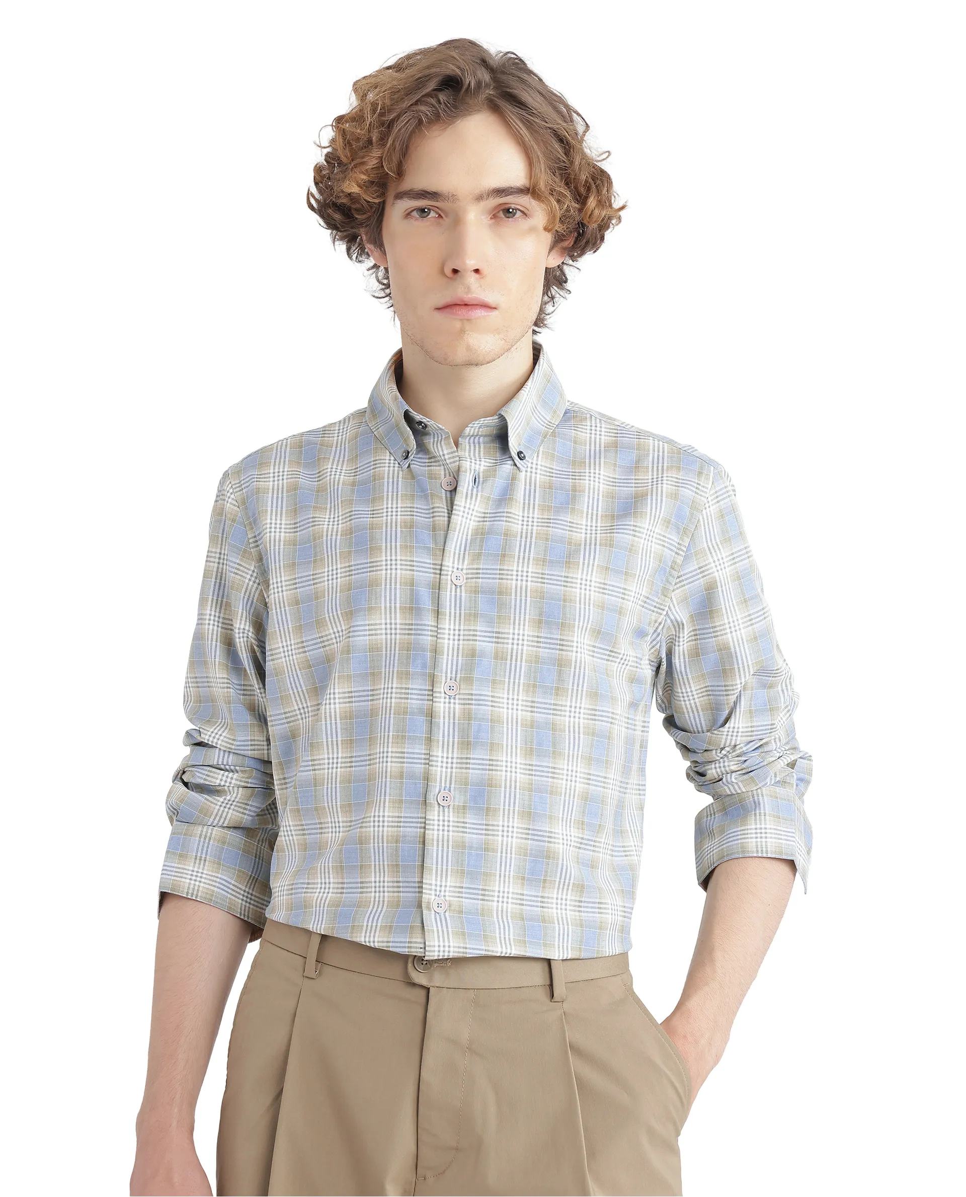 Rare Rabbit Men's Geko Pastel Green Cotton Checked Print Regular Fit Full Sleeve Collared Shirt - Image 2