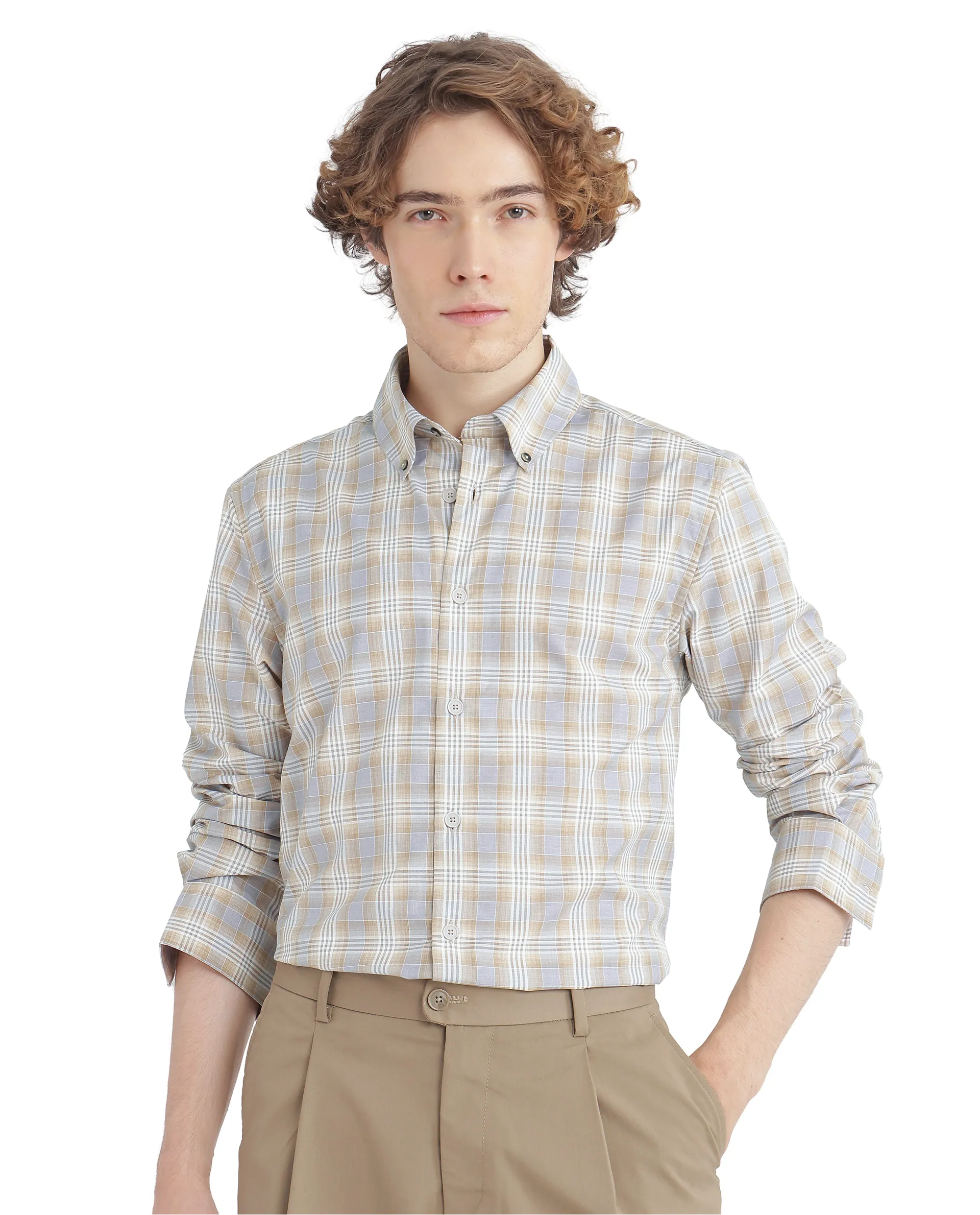 Rare Rabbit Men's Geko Pastel Mustard Cotton Checked Print Regular Fit Full Sleeve Collared Shirt - Image 2