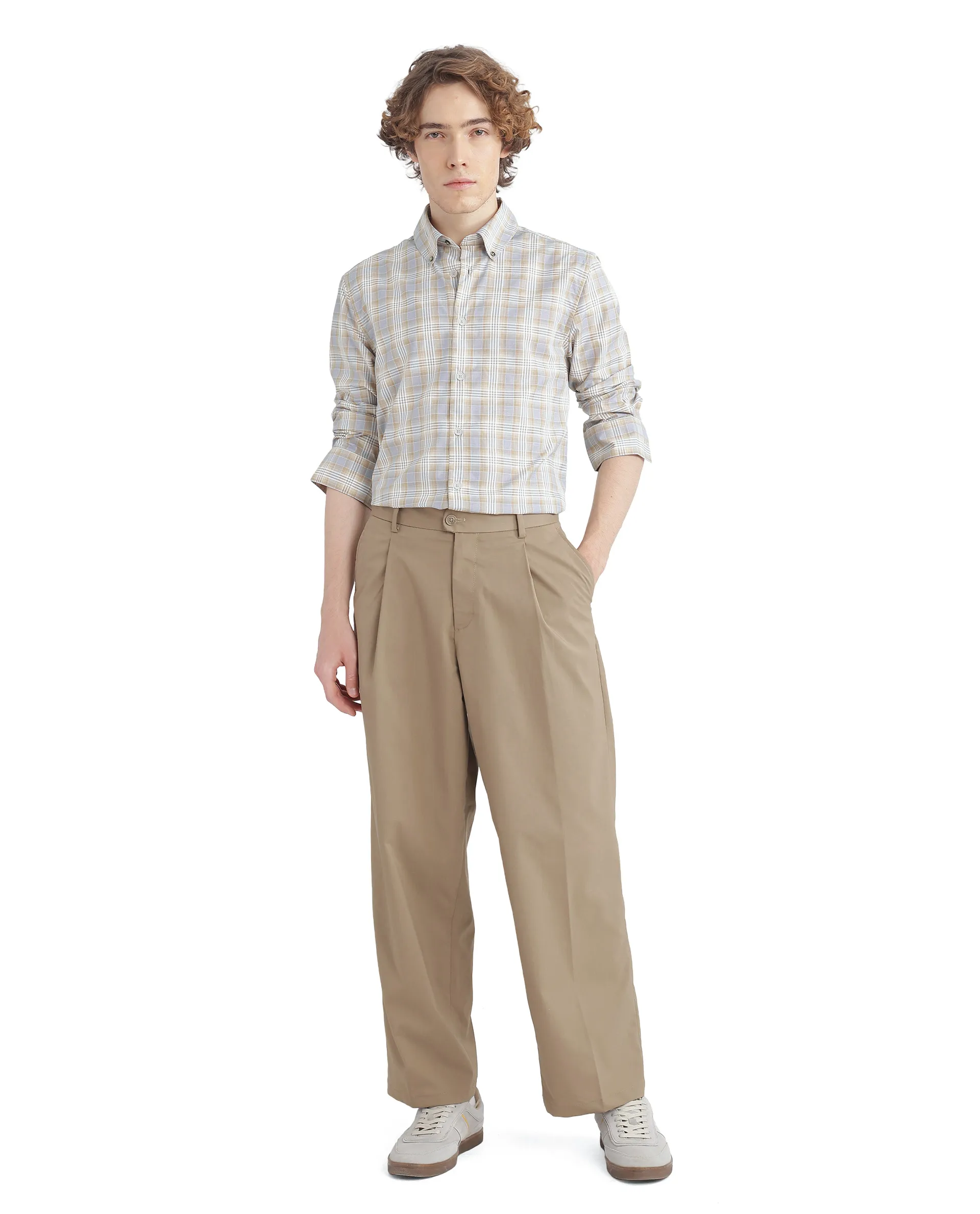 Rare Rabbit Men's Geko Pastel Mustard Cotton Checked Print Regular Fit Full Sleeve Collared Shirt - Image 4