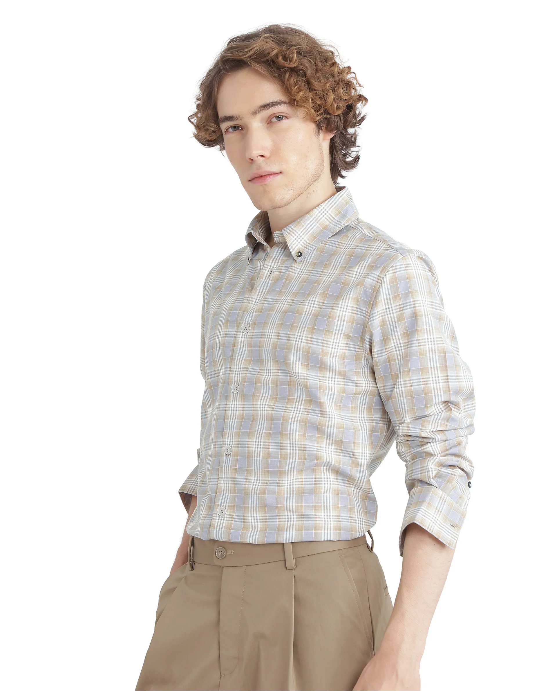 Rare Rabbit Men's Geko Pastel Mustard Cotton Checked Print Regular Fit Full Sleeve Collared Shirt - Image 5