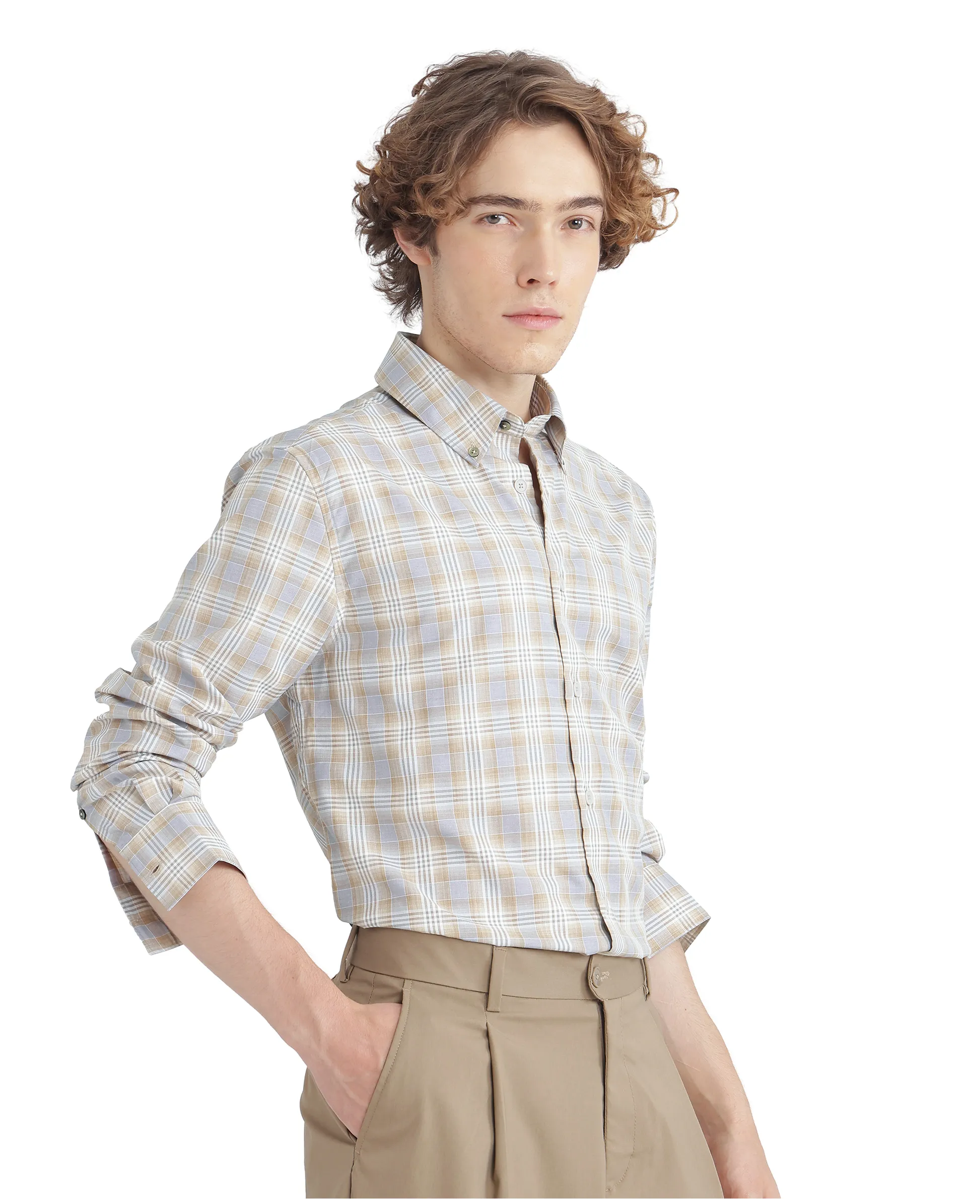 Rare Rabbit Men's Geko Pastel Mustard Cotton Checked Print Regular Fit Full Sleeve Collared Shirt - Image 6