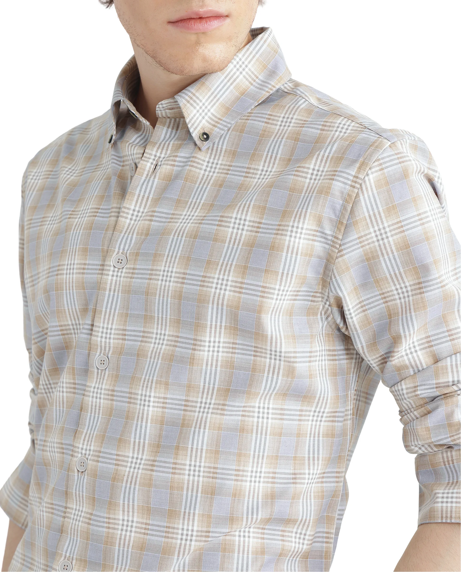 Rare Rabbit Men's Geko Pastel Mustard Cotton Checked Print Regular Fit Full Sleeve Collared Shirt - Image 7