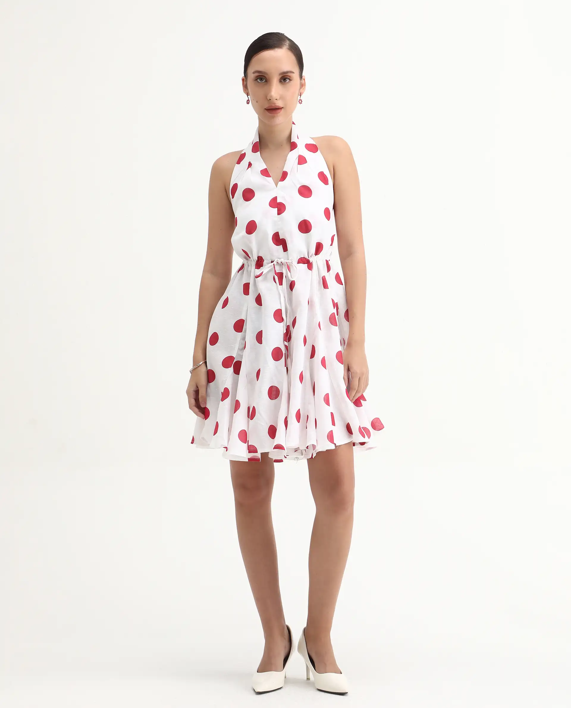 Rareism Women's Gela Red Linen Halter Neck Polka Print Sleeveless Mini Fit And Flare Dress