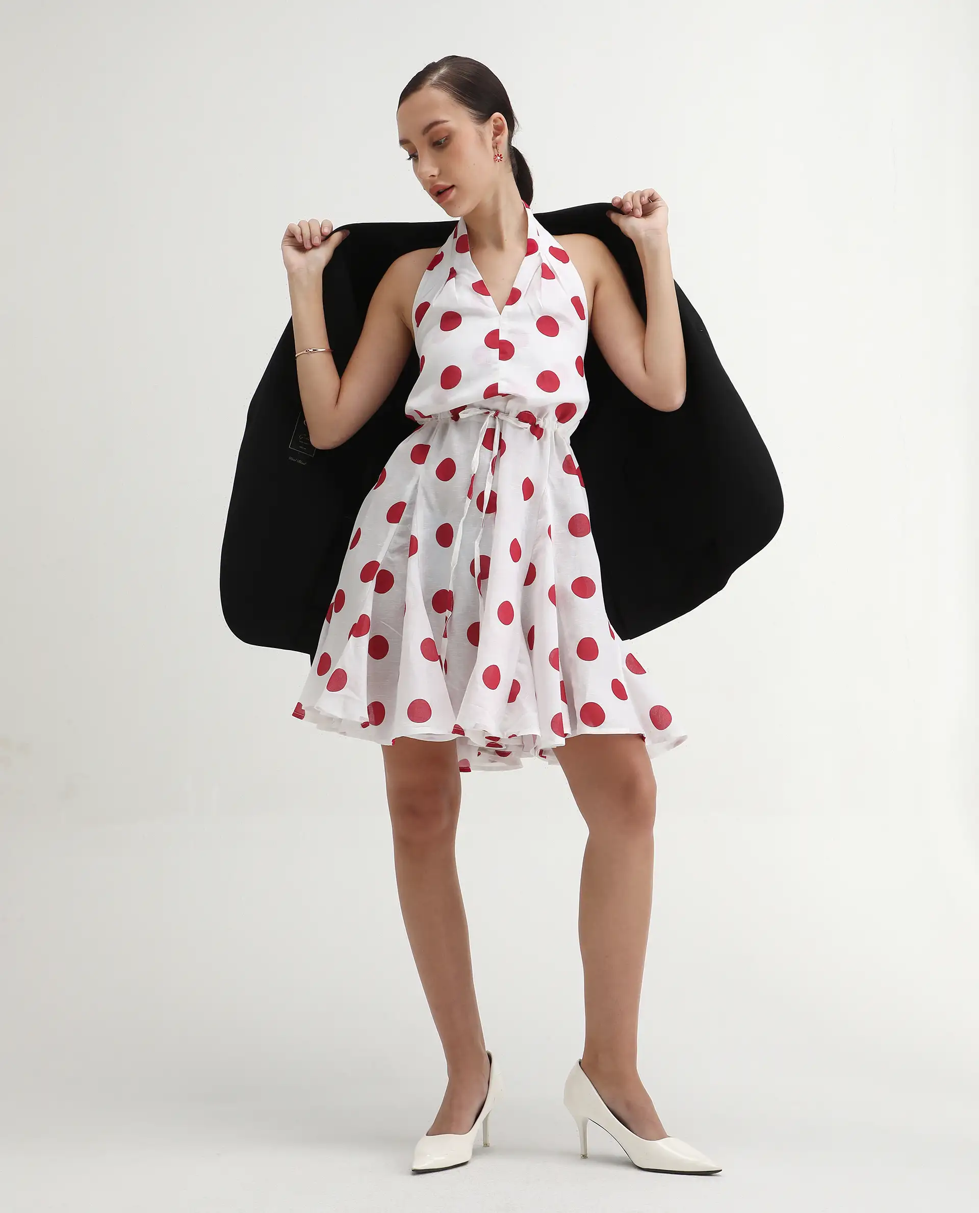 Rareism Women's Gela Red Linen Halter Neck Polka Print Sleeveless Mini Fit And Flare Dress - Image 2