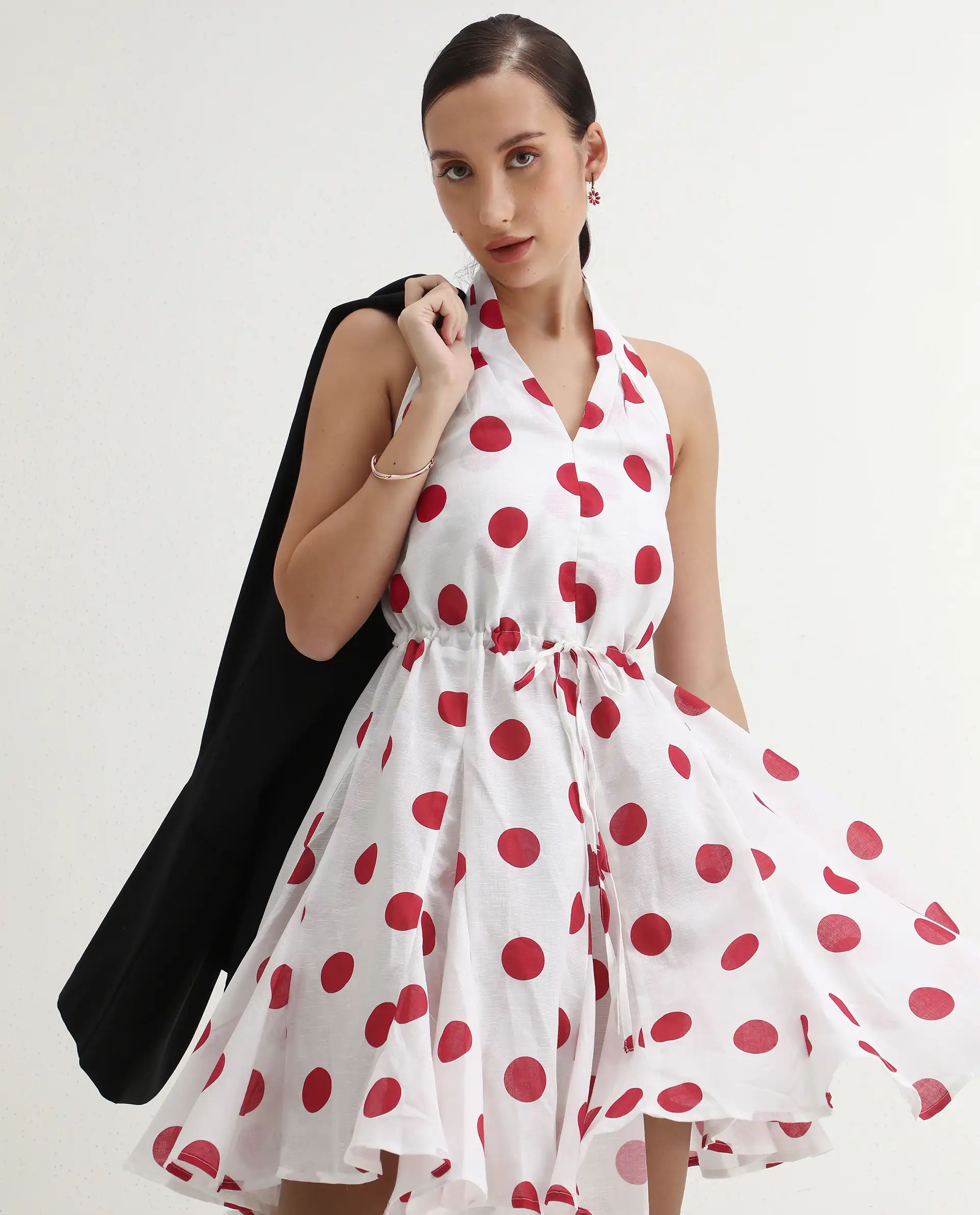Rareism Women's Gela Red Linen Halter Neck Polka Print Sleeveless Mini Fit And Flare Dress - Image 3