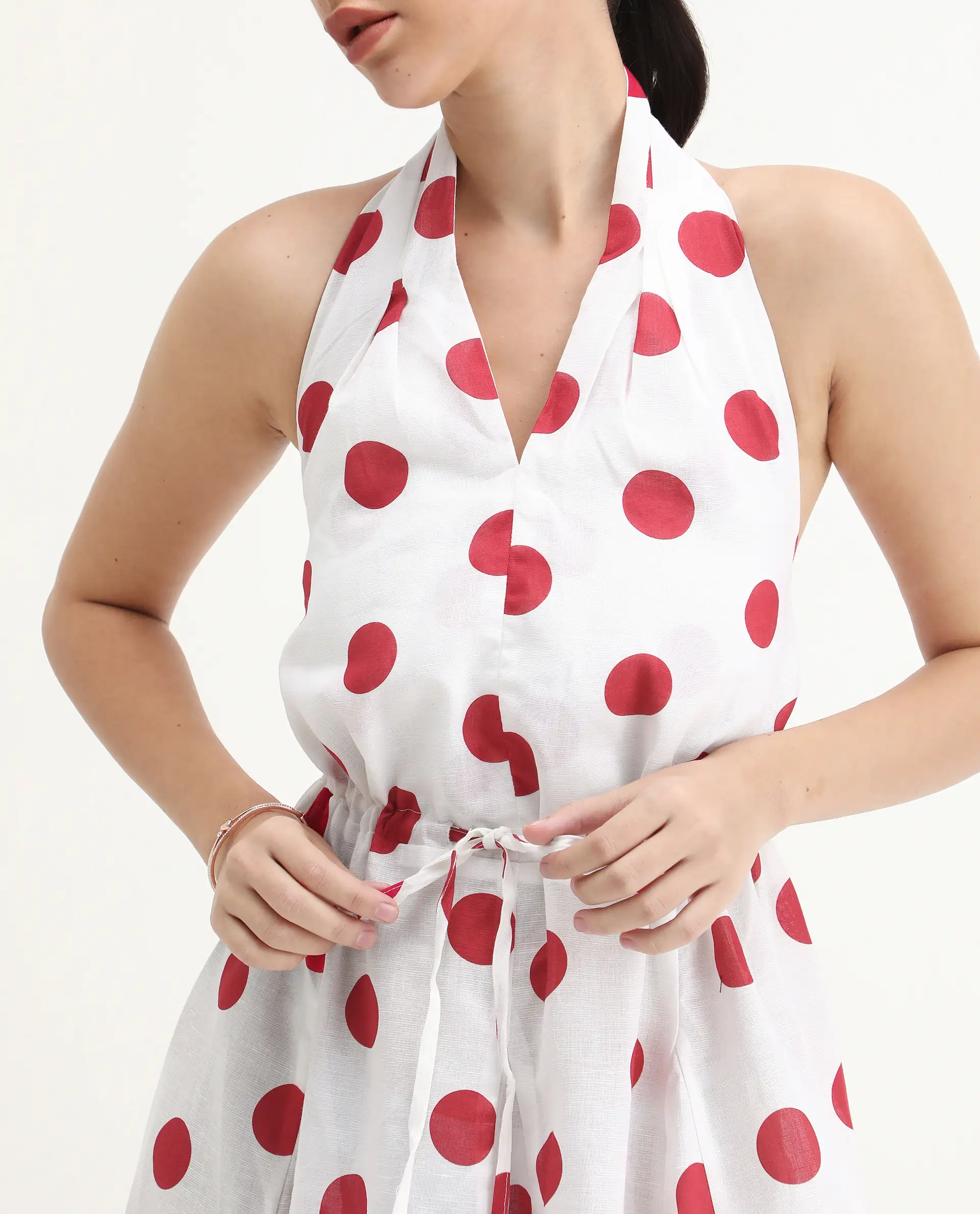 Rareism Women's Gela Red Linen Halter Neck Polka Print Sleeveless Mini Fit And Flare Dress - Image 4