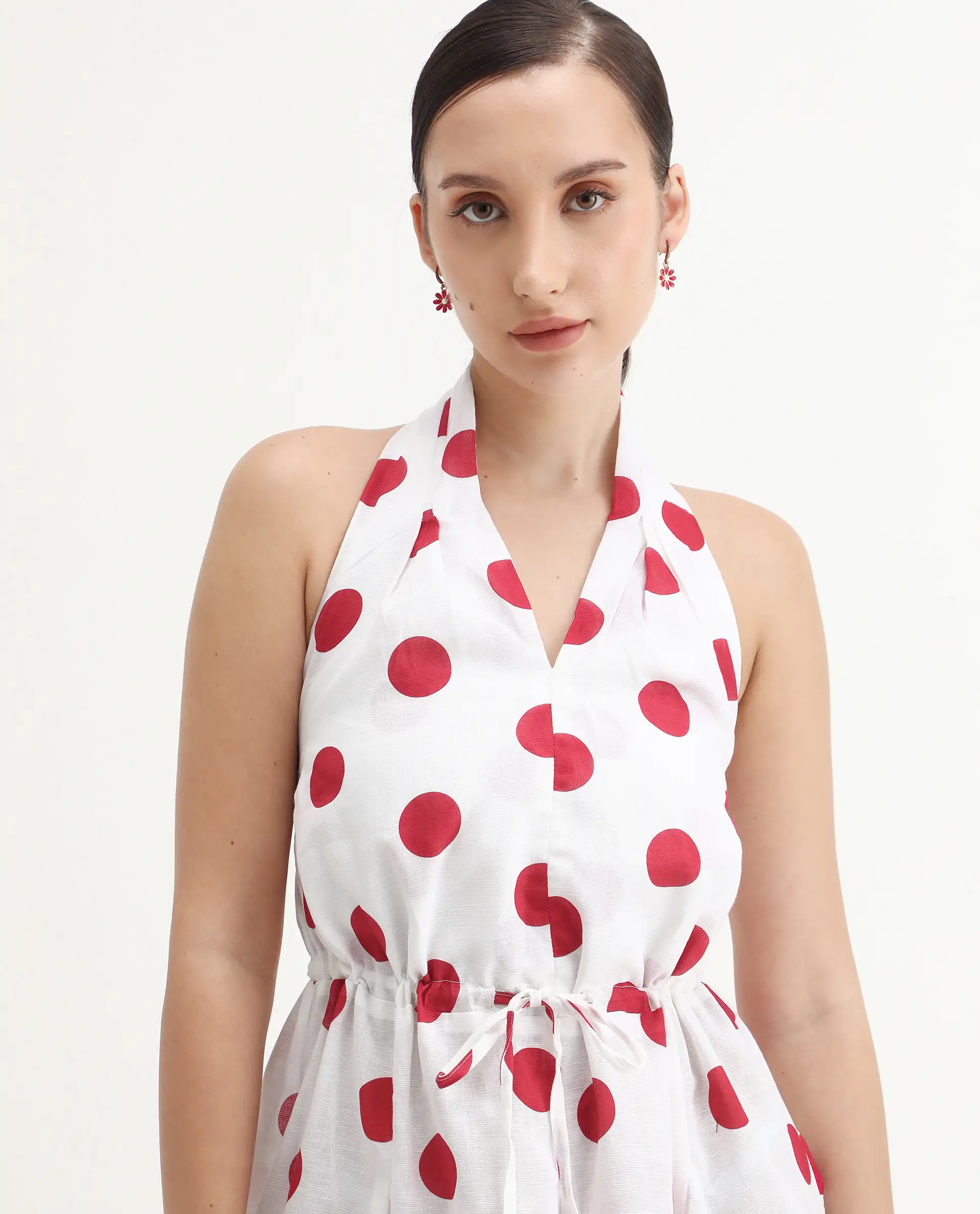 Rareism Women's Gela Red Linen Halter Neck Polka Print Sleeveless Mini Fit And Flare Dress - Image 5