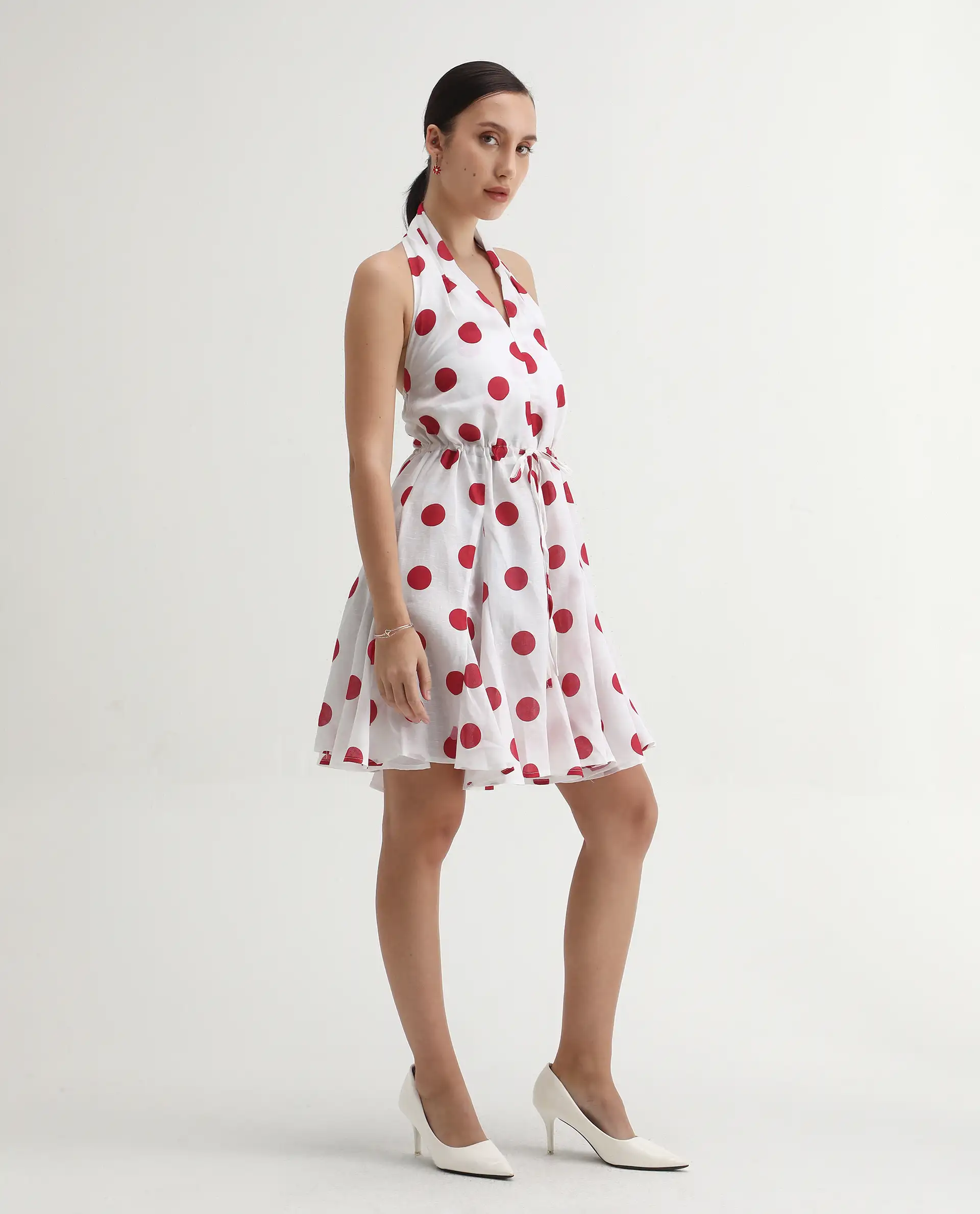 Rareism Women's Gela Red Linen Halter Neck Polka Print Sleeveless Mini Fit And Flare Dress - Image 6