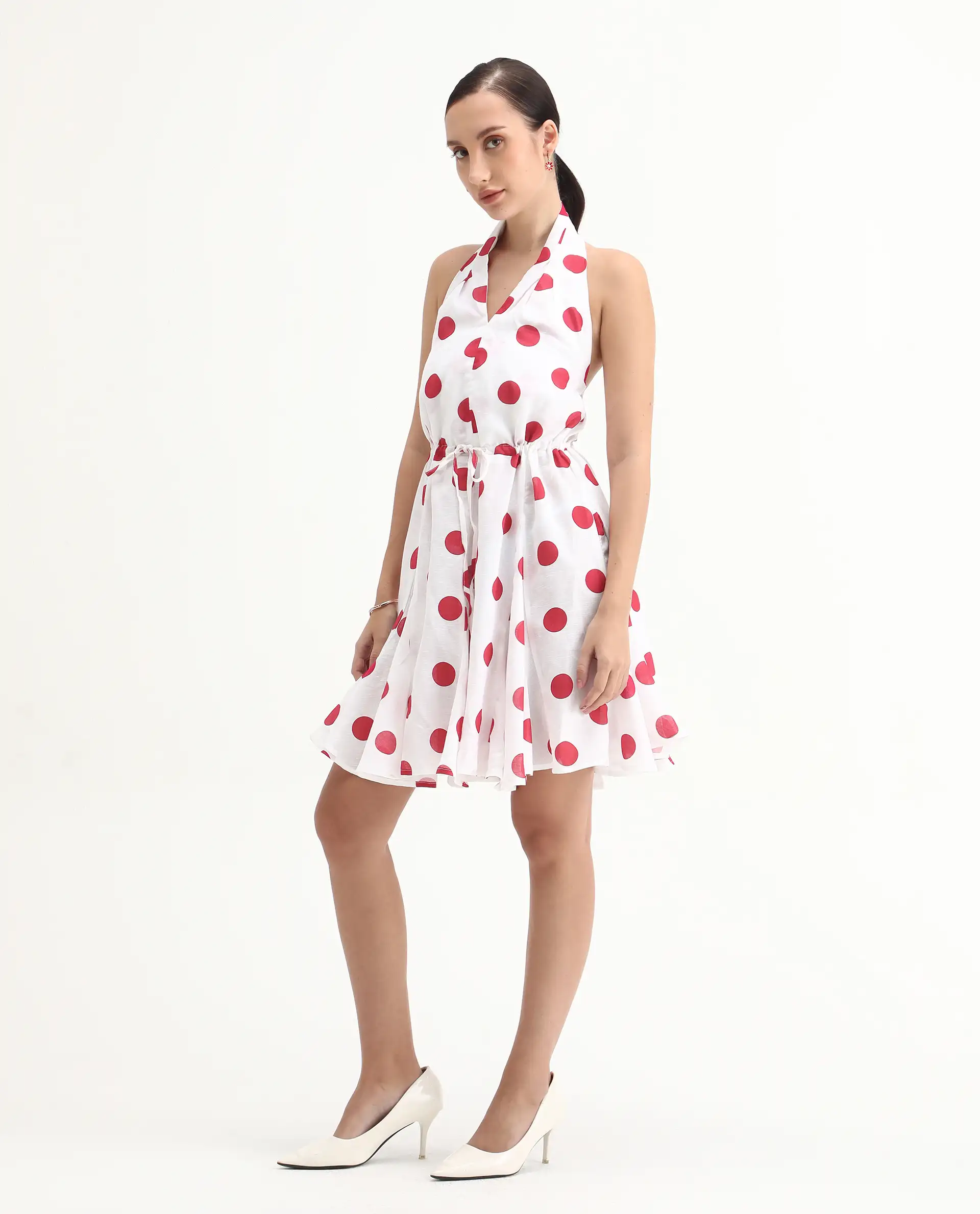 Rareism Women's Gela Red Linen Halter Neck Polka Print Sleeveless Mini Fit And Flare Dress - Image 7