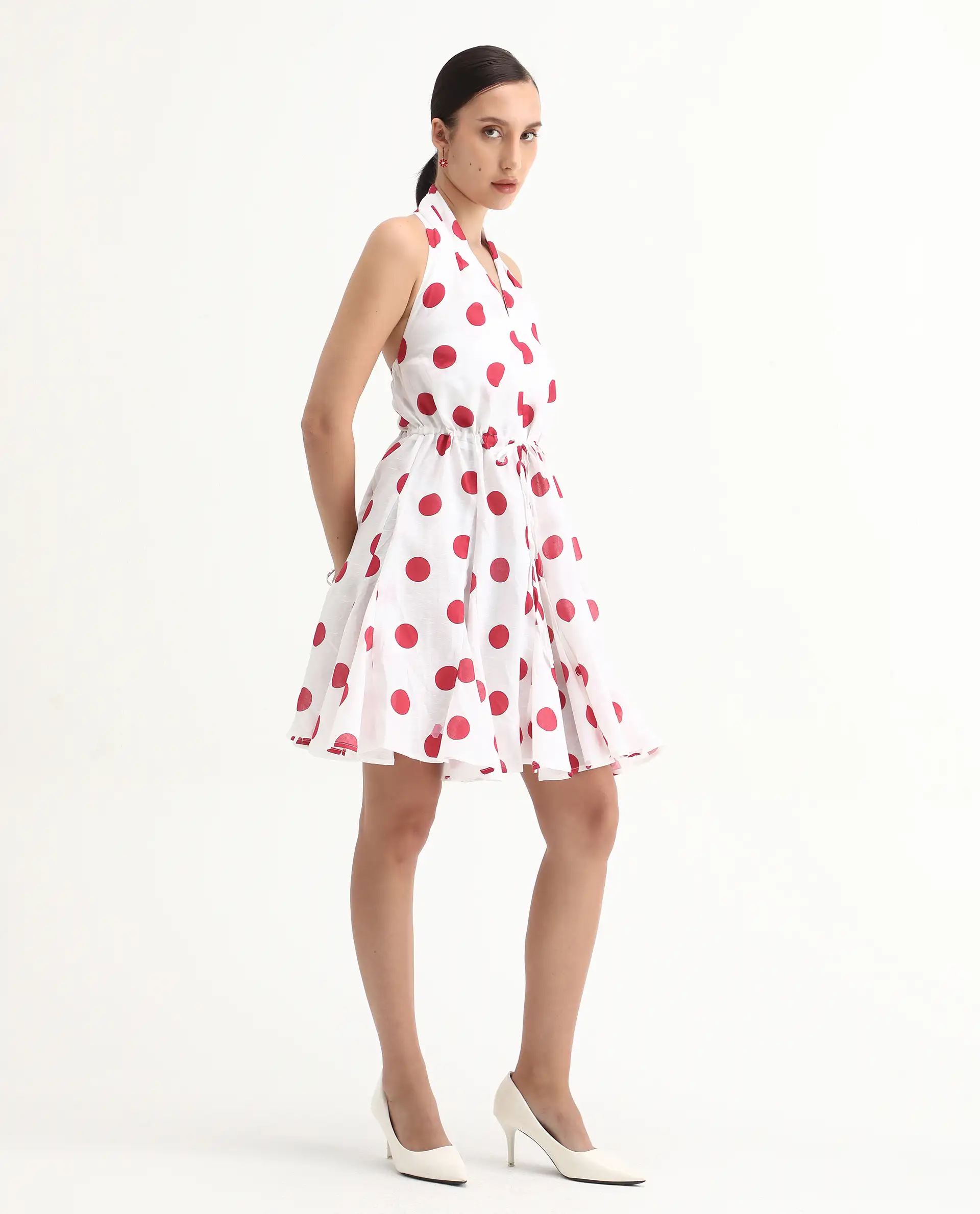 Rareism Women's Gela Red Linen Halter Neck Polka Print Sleeveless Mini Fit And Flare Dress - Image 8
