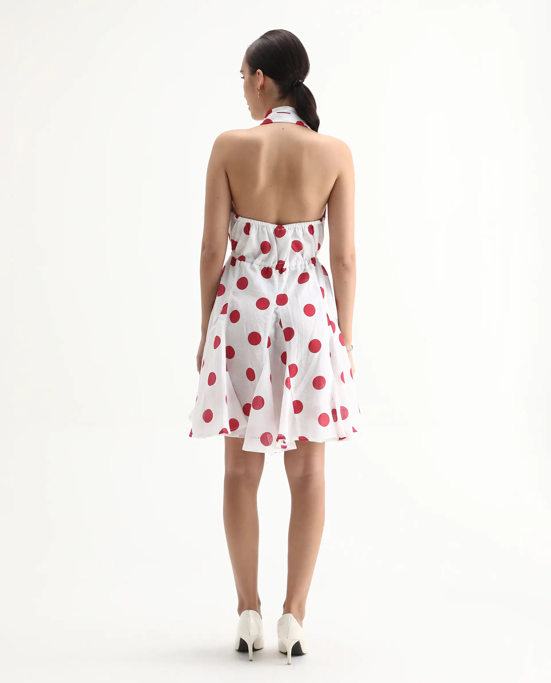Rareism Women's Gela Red Linen Halter Neck Polka Print Sleeveless Mini Fit And Flare Dress - Image 9