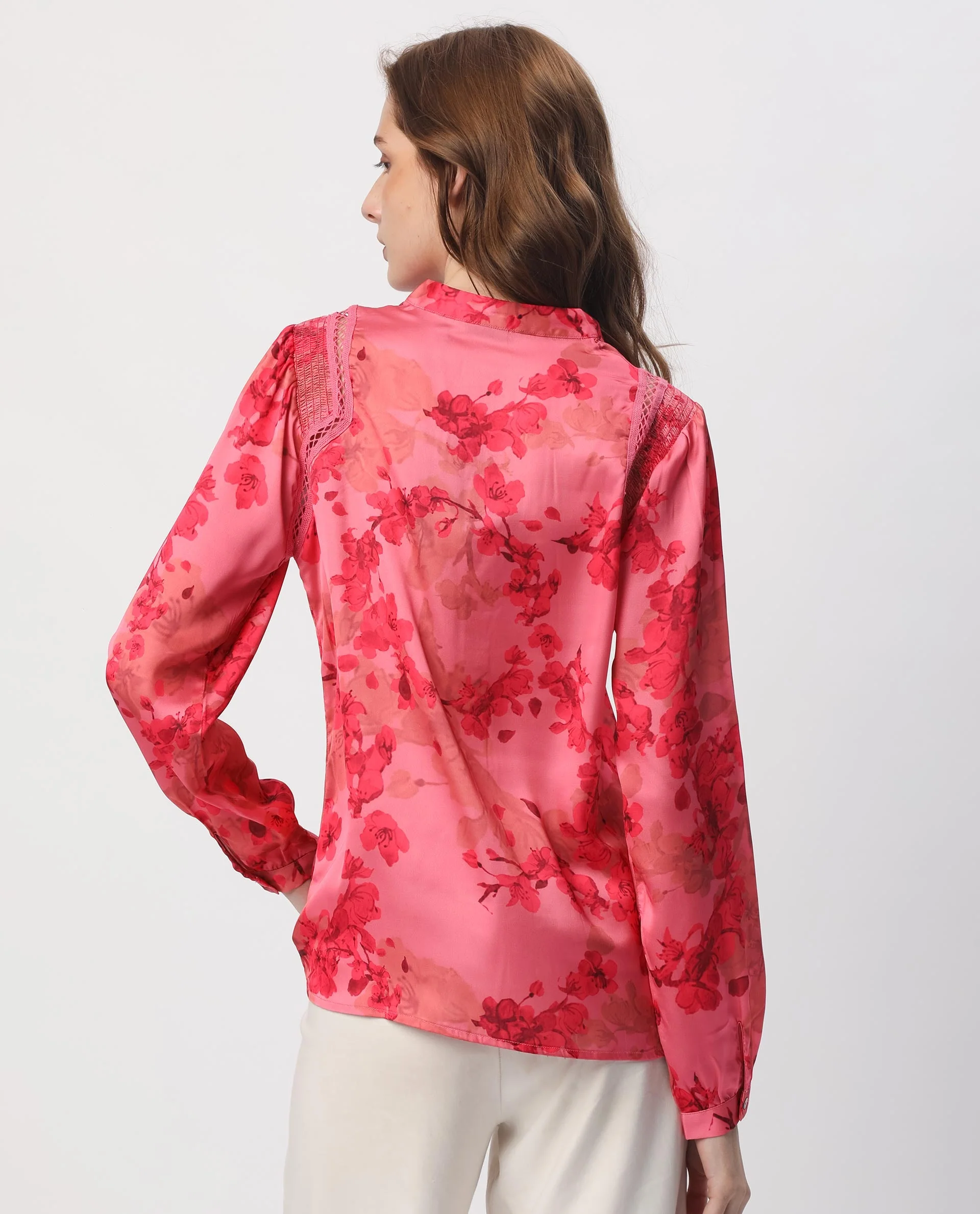 Rareism Women's Gelbs Pink Polyester Mandarin Collar Floral Print Knee Length Regular Fit Top - Image 11