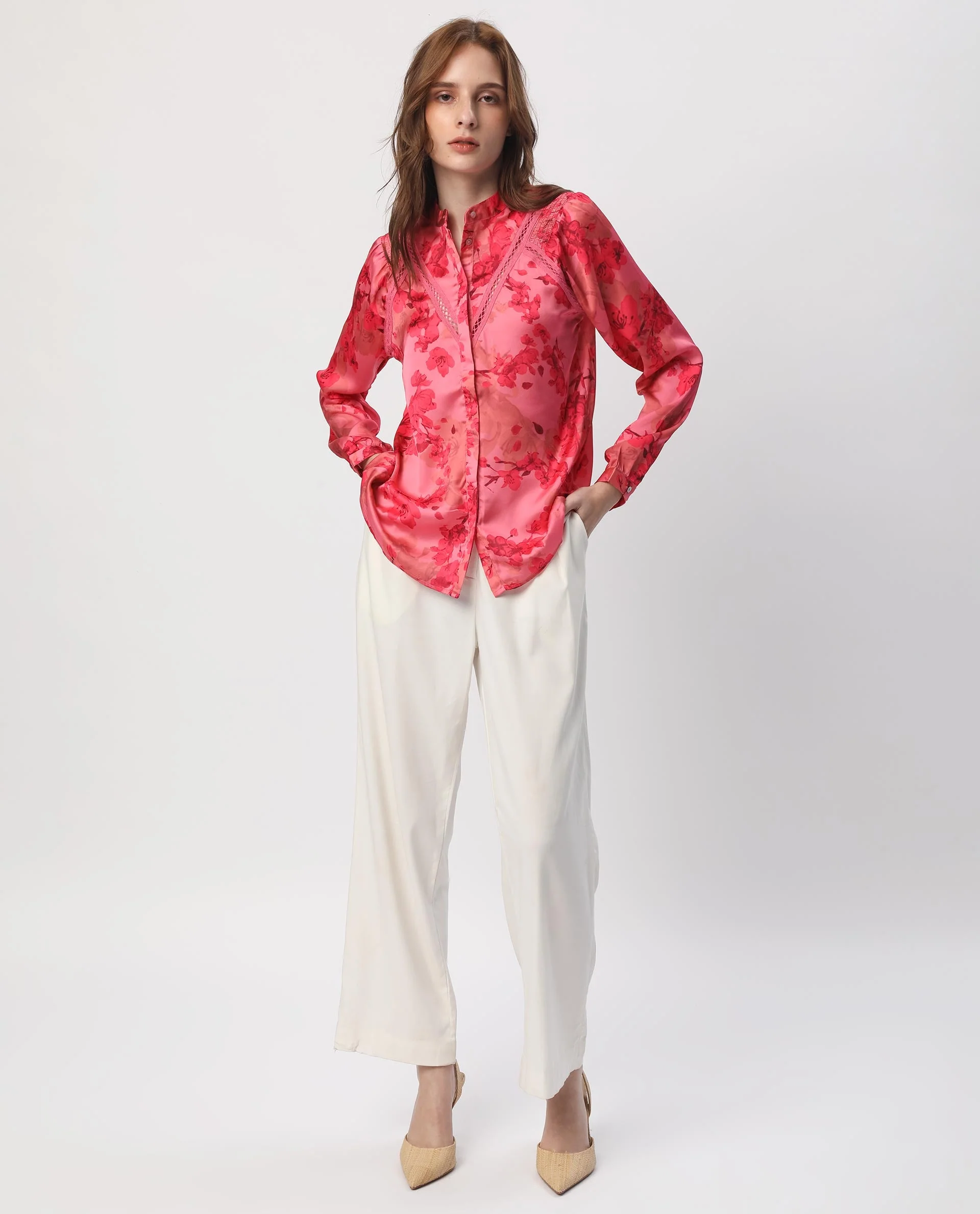 Rareism Women's Gelbs Pink Polyester Mandarin Collar Floral Print Knee Length Regular Fit Top - Image 2