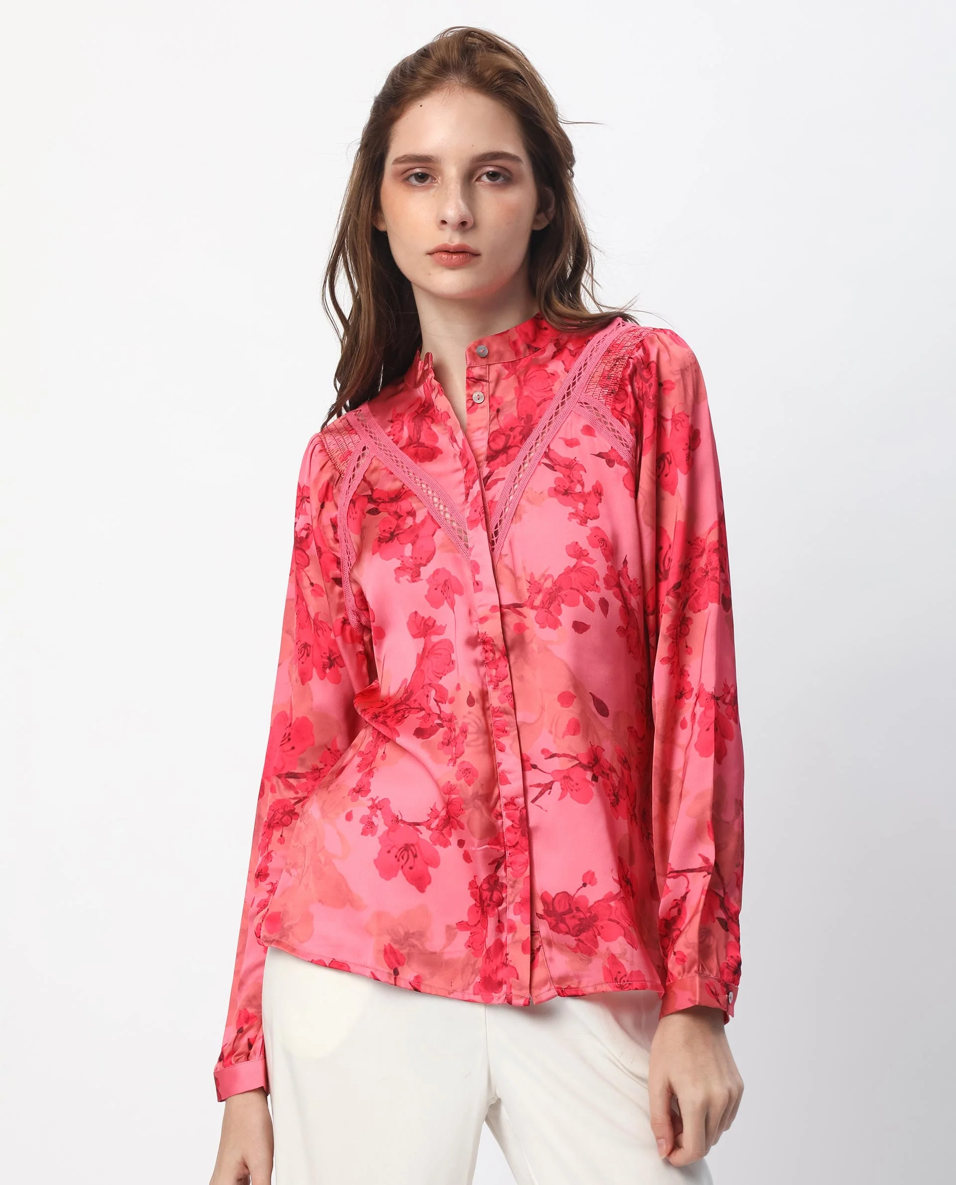 Rareism Women's Gelbs Pink Polyester Mandarin Collar Floral Print Knee Length Regular Fit Top - Image 3