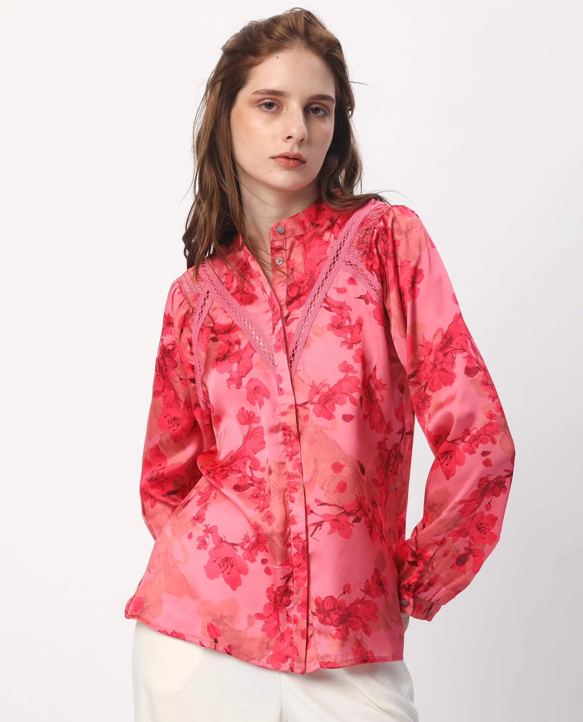 Rareism Women's Gelbs Pink Polyester Mandarin Collar Floral Print Knee Length Regular Fit Top - Image 4