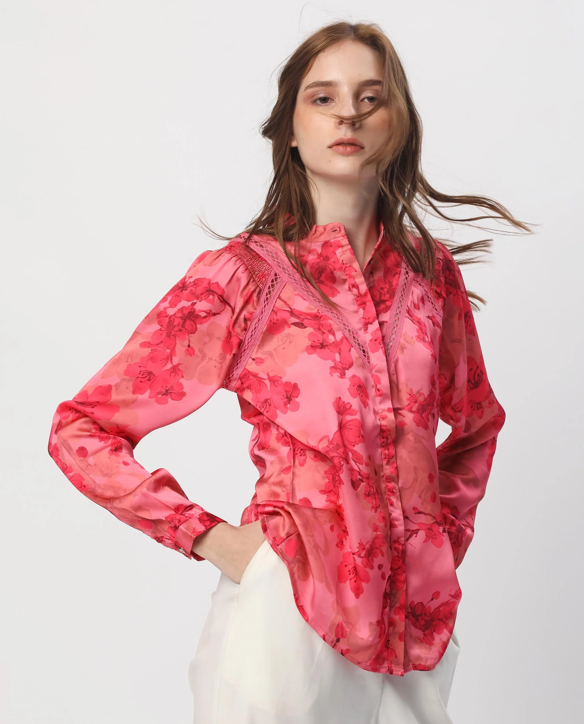 Rareism Women's Gelbs Pink Polyester Mandarin Collar Floral Print Knee Length Regular Fit Top - Image 5