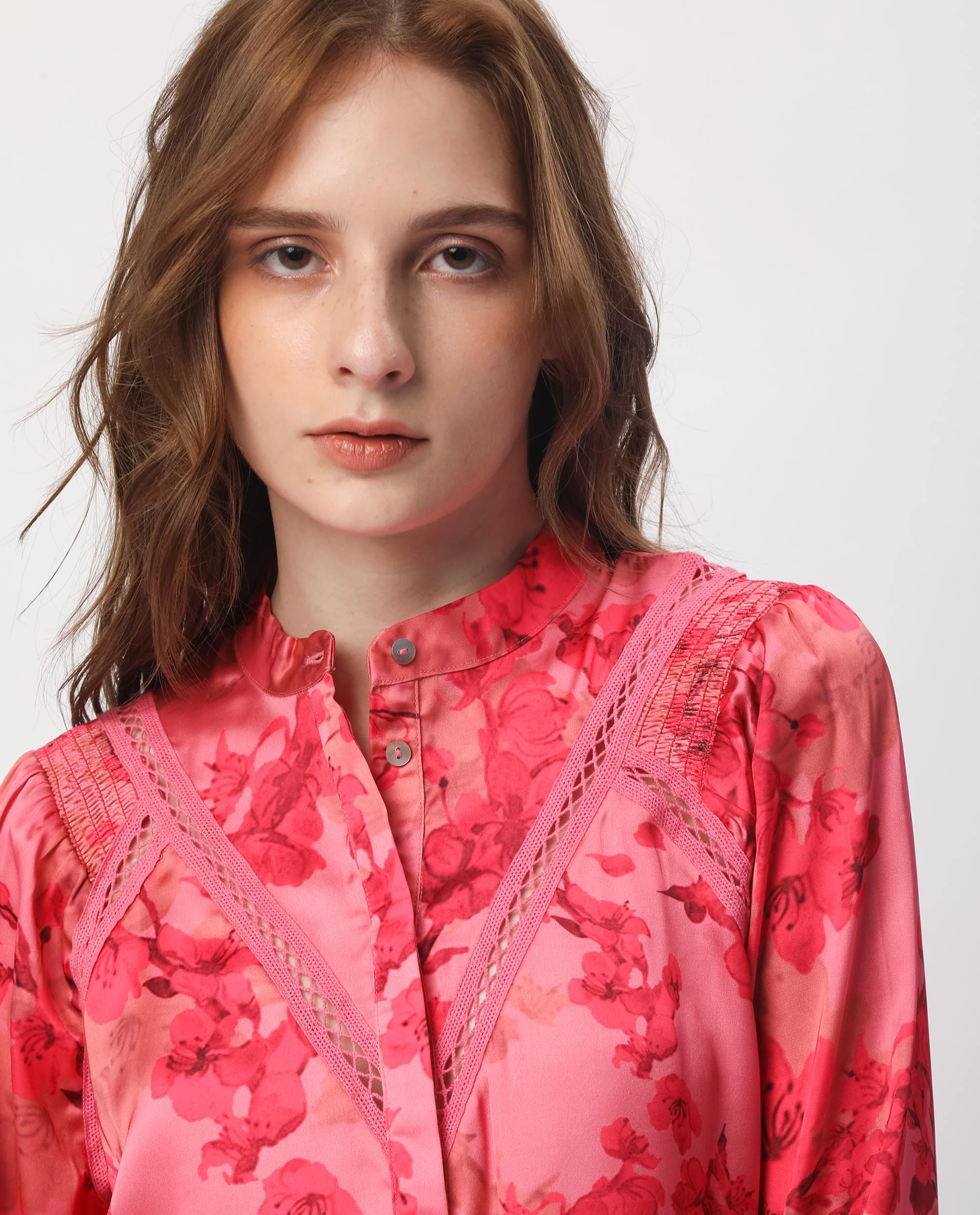 Rareism Women's Gelbs Pink Polyester Mandarin Collar Floral Print Knee Length Regular Fit Top - Image 6