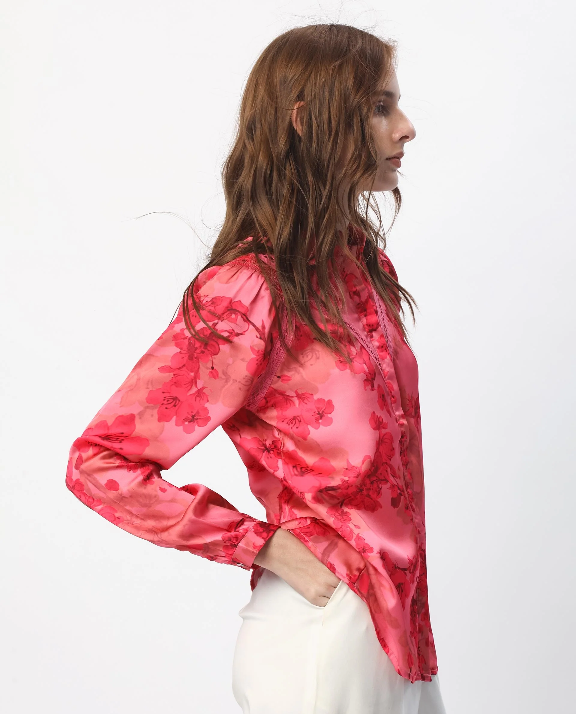 Rareism Women's Gelbs Pink Polyester Mandarin Collar Floral Print Knee Length Regular Fit Top - Image 7
