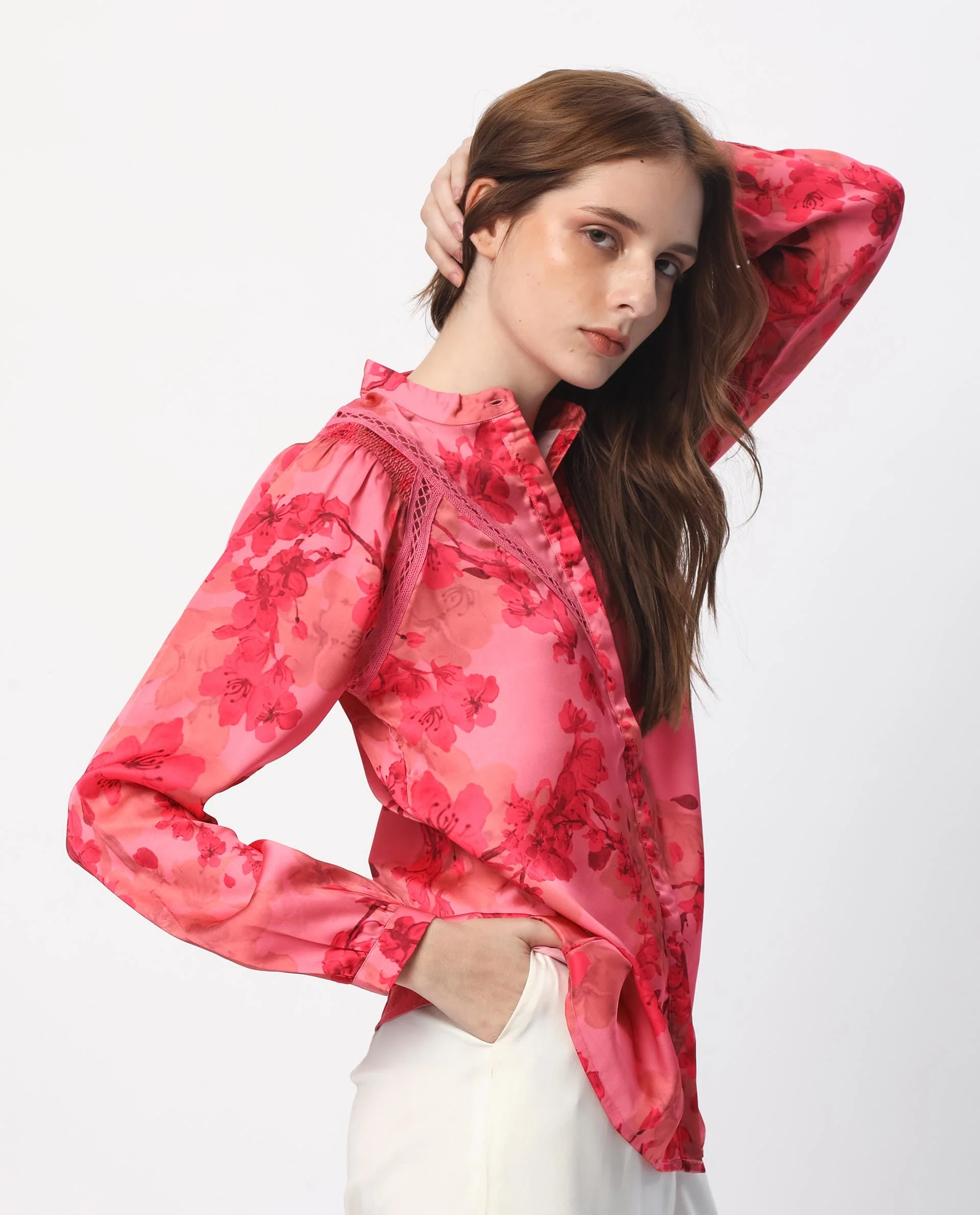 Rareism Women's Gelbs Pink Polyester Mandarin Collar Floral Print Knee Length Regular Fit Top - Image 8