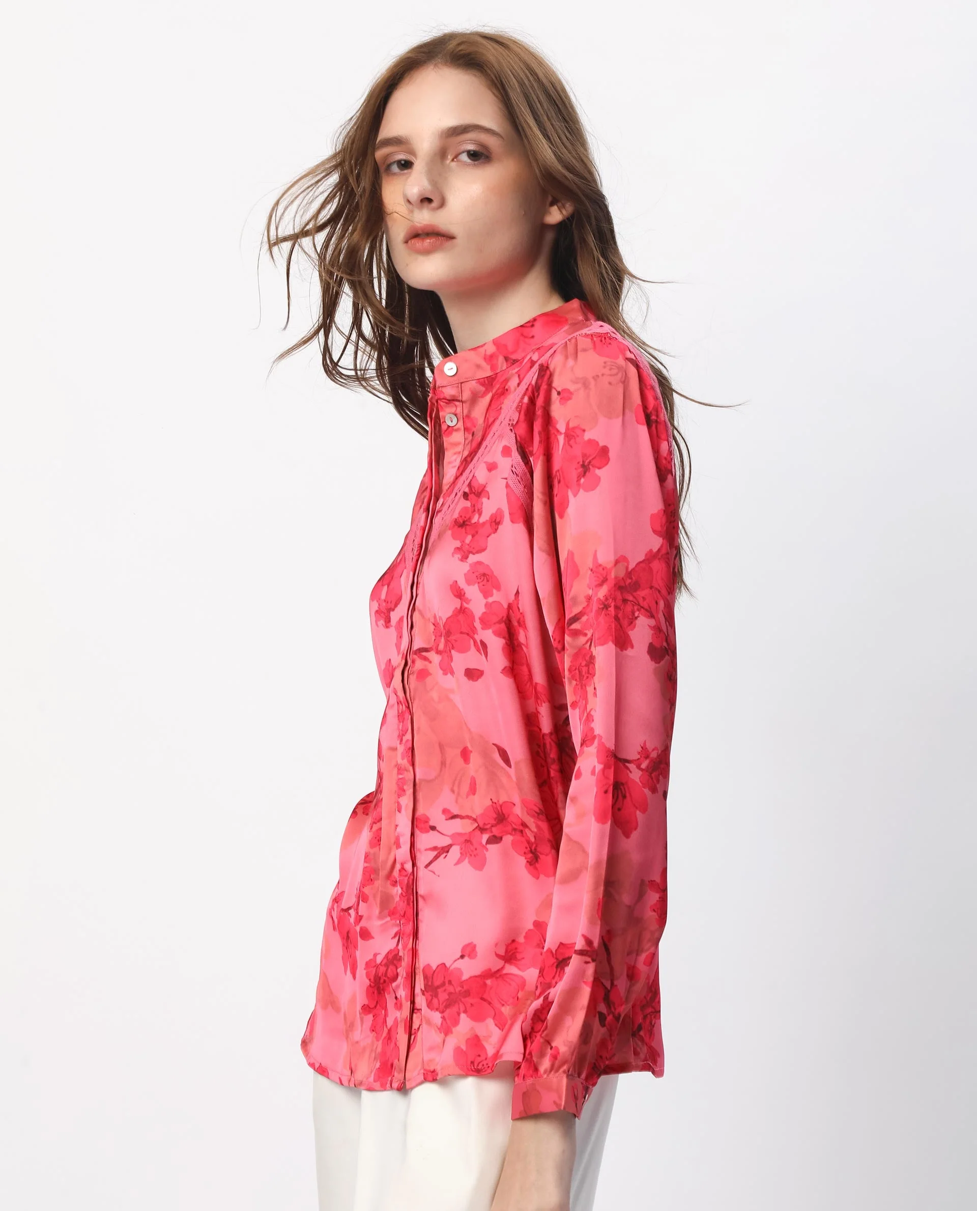 Rareism Women's Gelbs Pink Polyester Mandarin Collar Floral Print Knee Length Regular Fit Top - Image 9